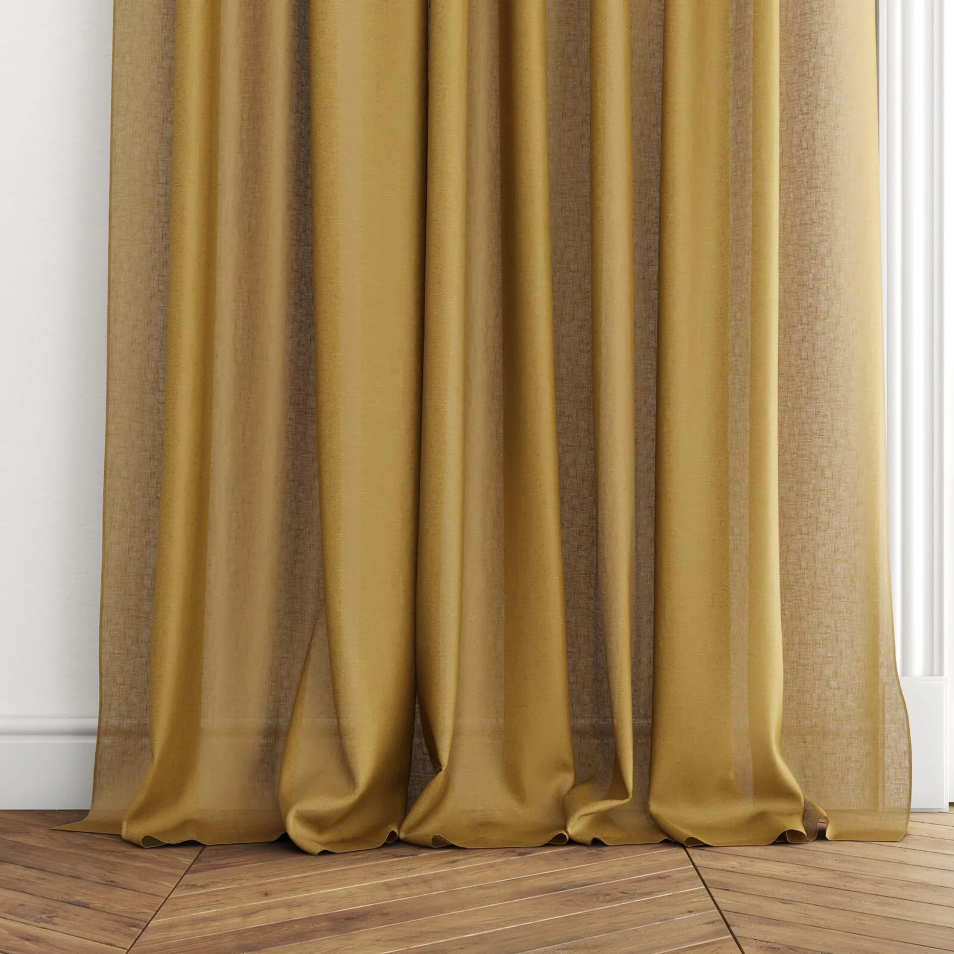 Bottom view of Laconia Air Ochre, puddled with pinch pleat, on curtain rod