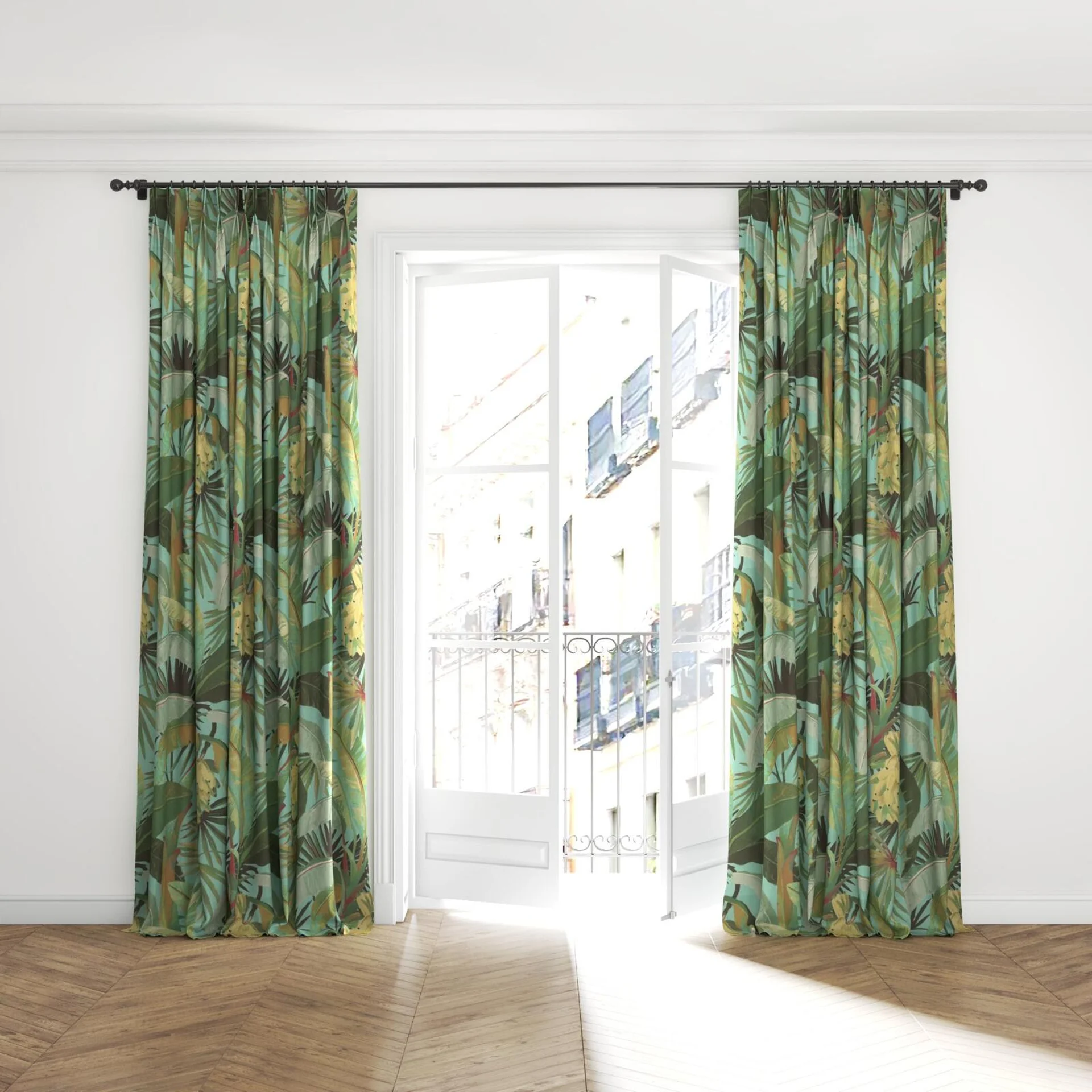 Full view of La Palma Aqua, puddled with pinch pleat, on curtain rod