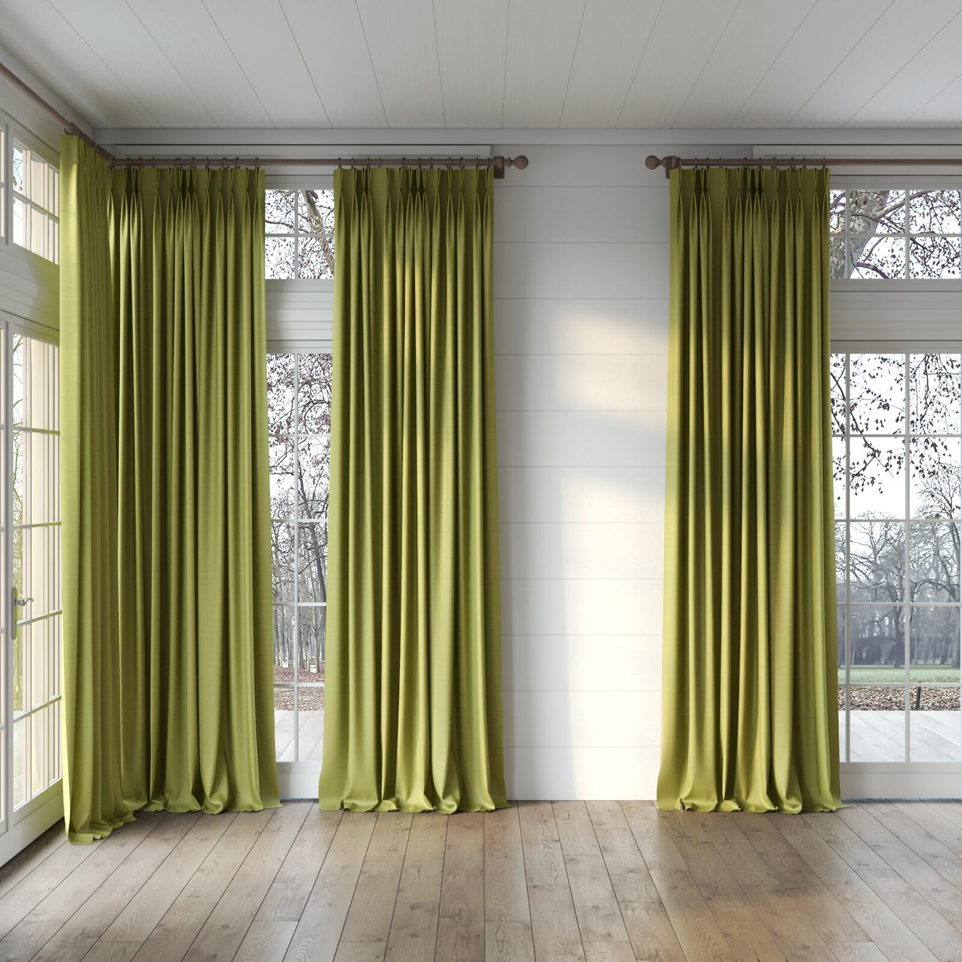 Full view of Linex Pesto, puddled, on curtain rod