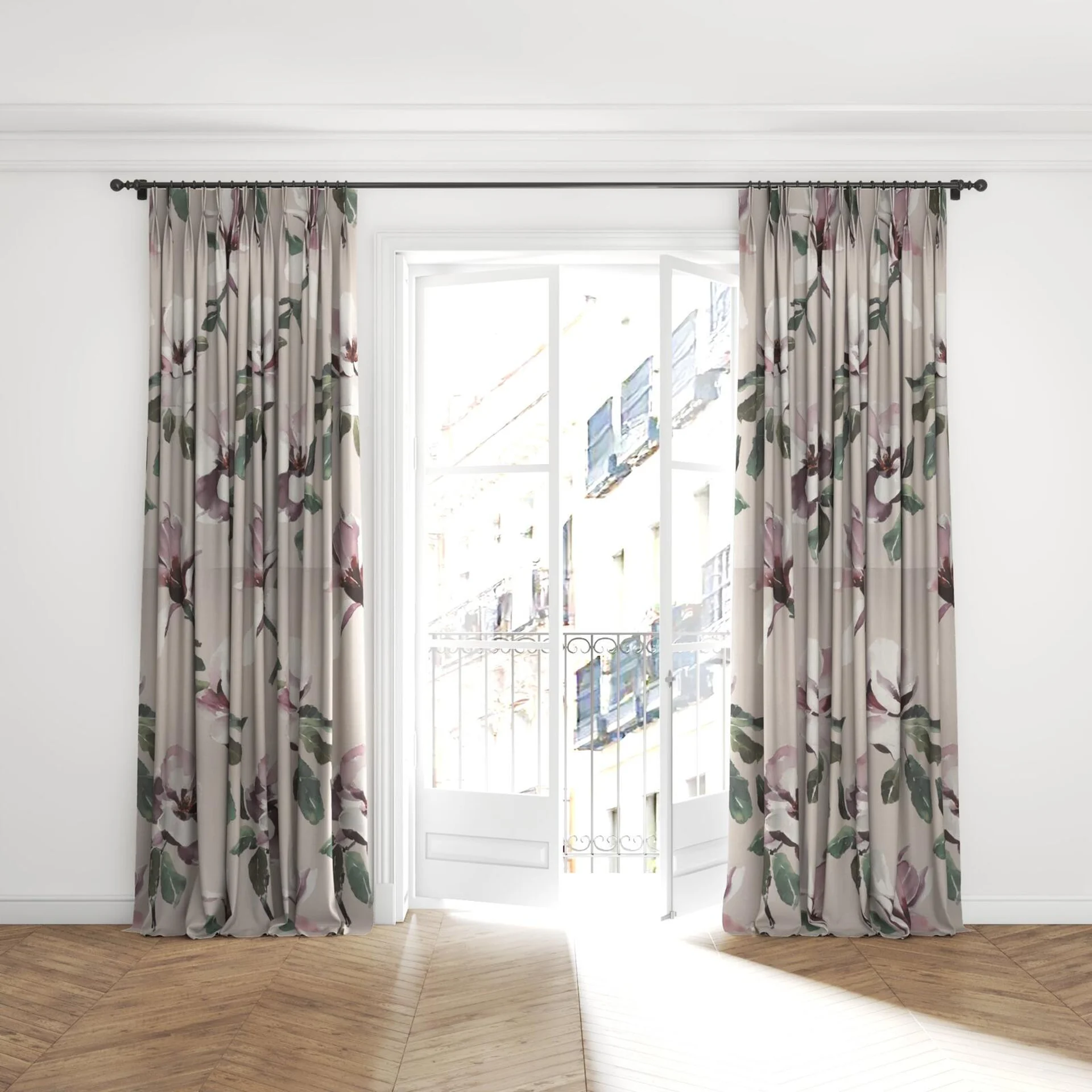 Full view of Magnolia Grandiflora Amethyst, puddled with pinch pleat, on curtain rod