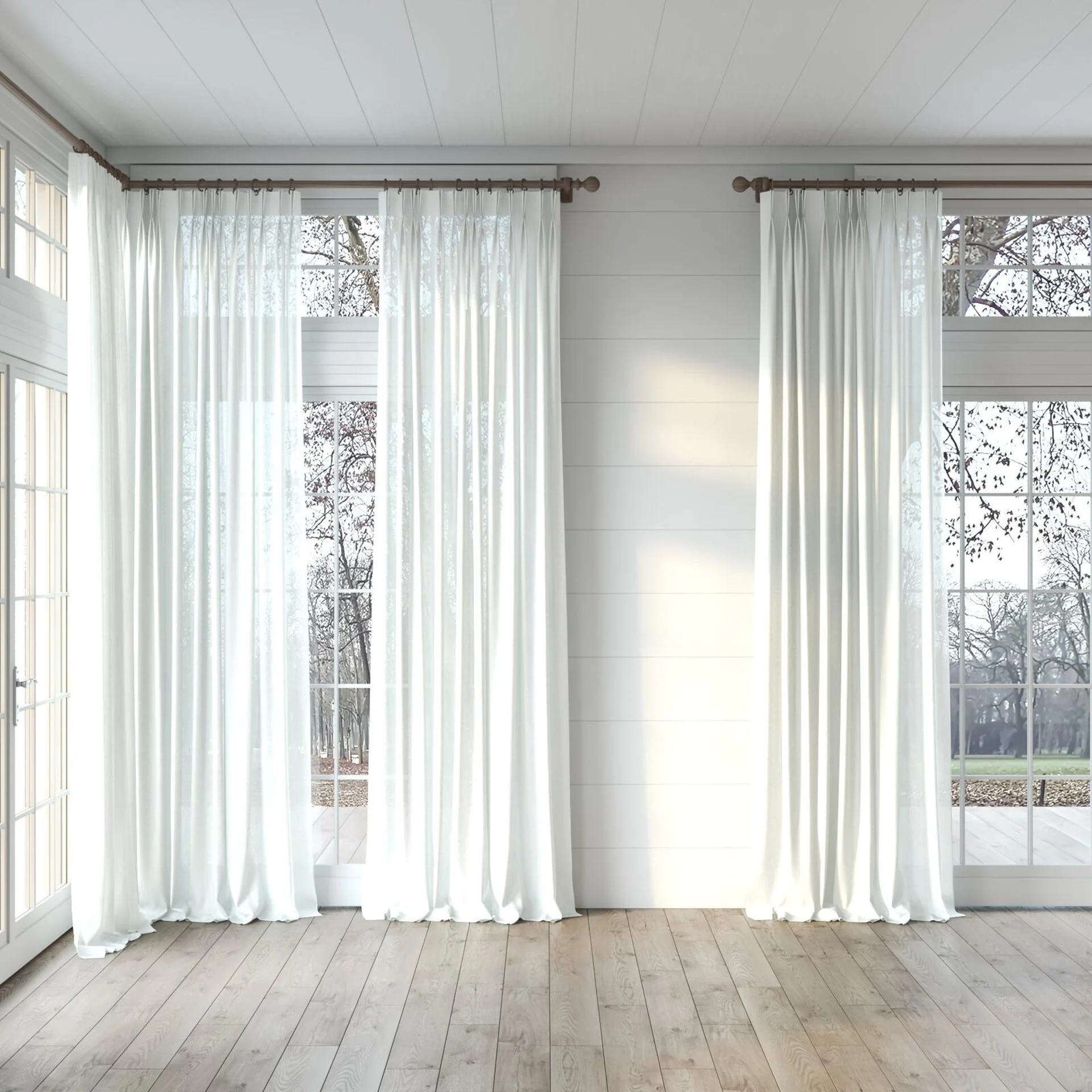Full view of Axis FR Linen, puddled, on curtain rod
