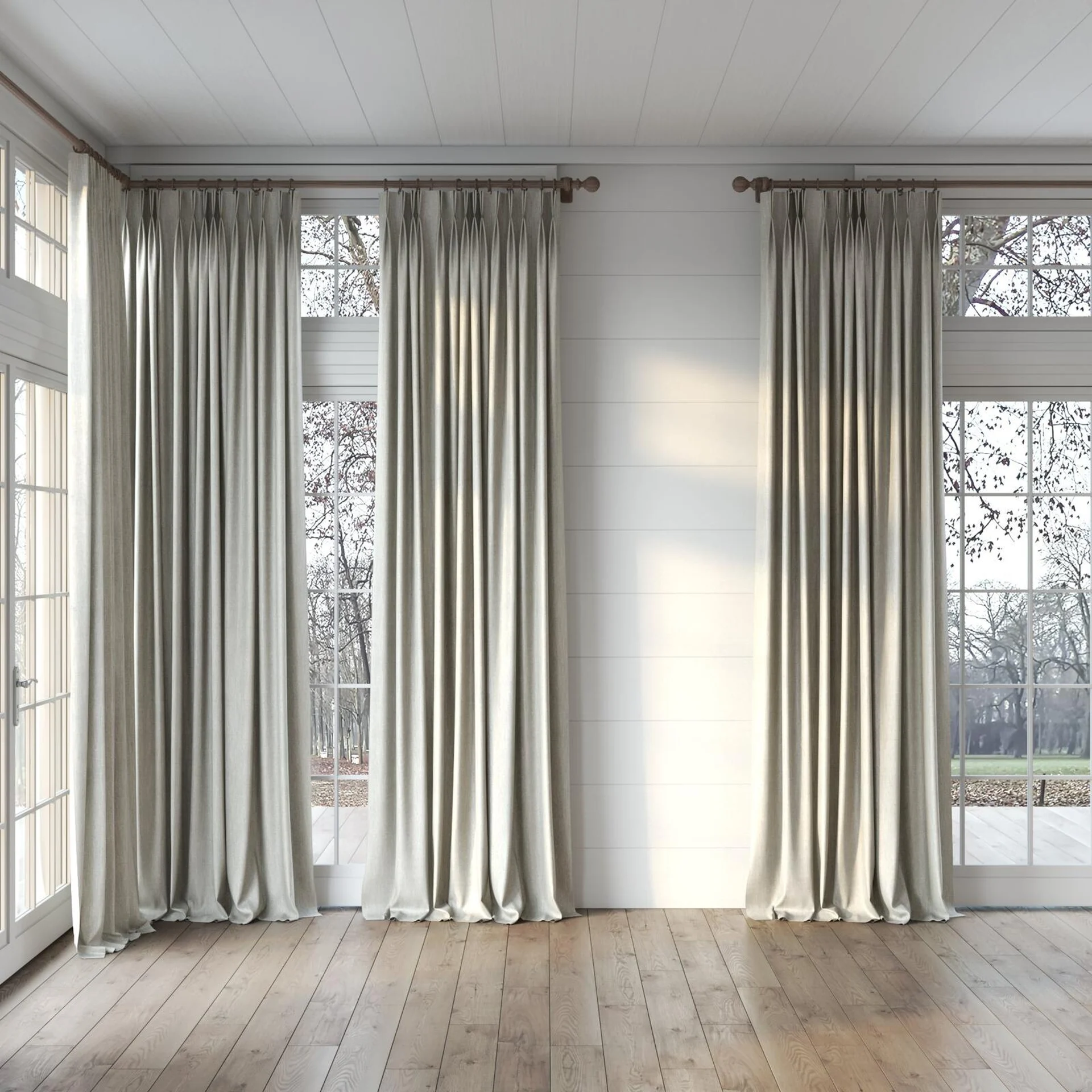Full view of Trezor Fog, puddled, on curtain rod