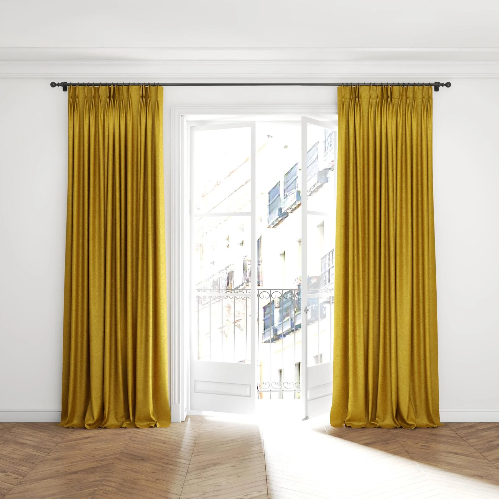 Full view of Monsieur Nugget, puddled with pinch pleat, on curtain rod