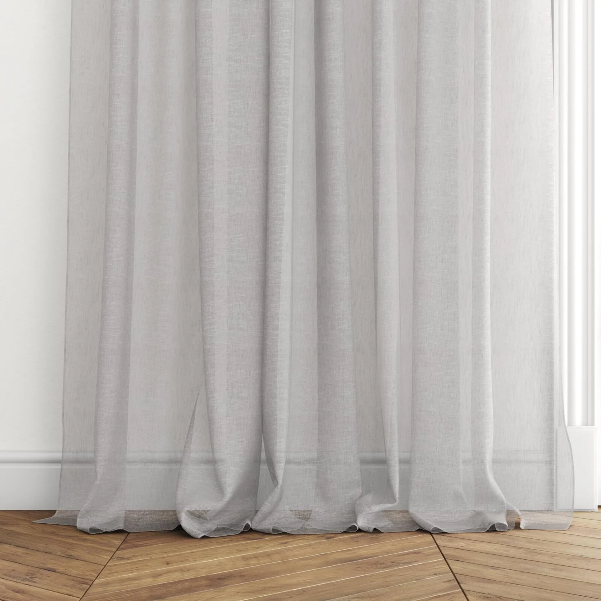 Bottom view of Seaview Stone, puddled with pinch pleat, on curtain rod