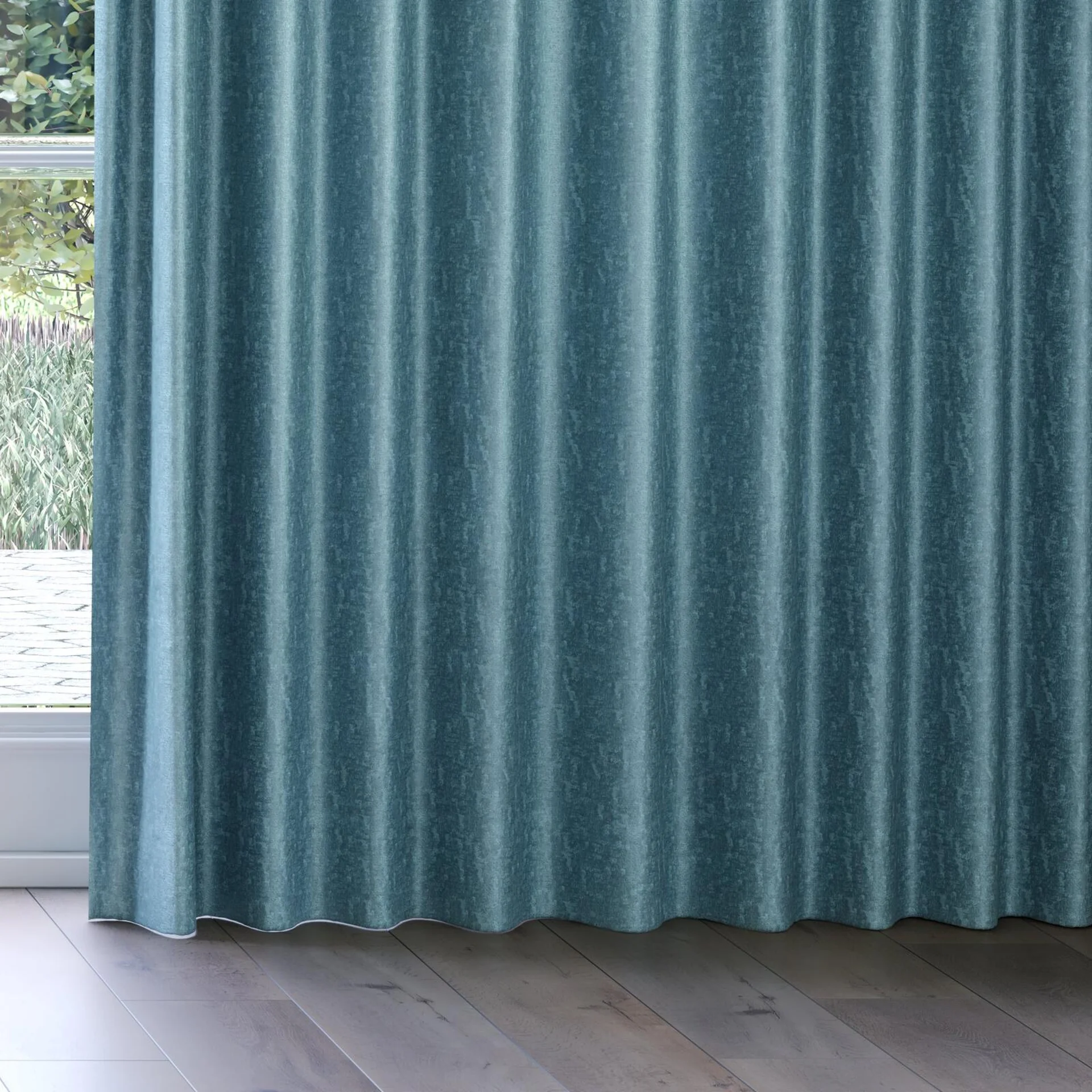 Bottom view of Hug Teal, on curtain rail
