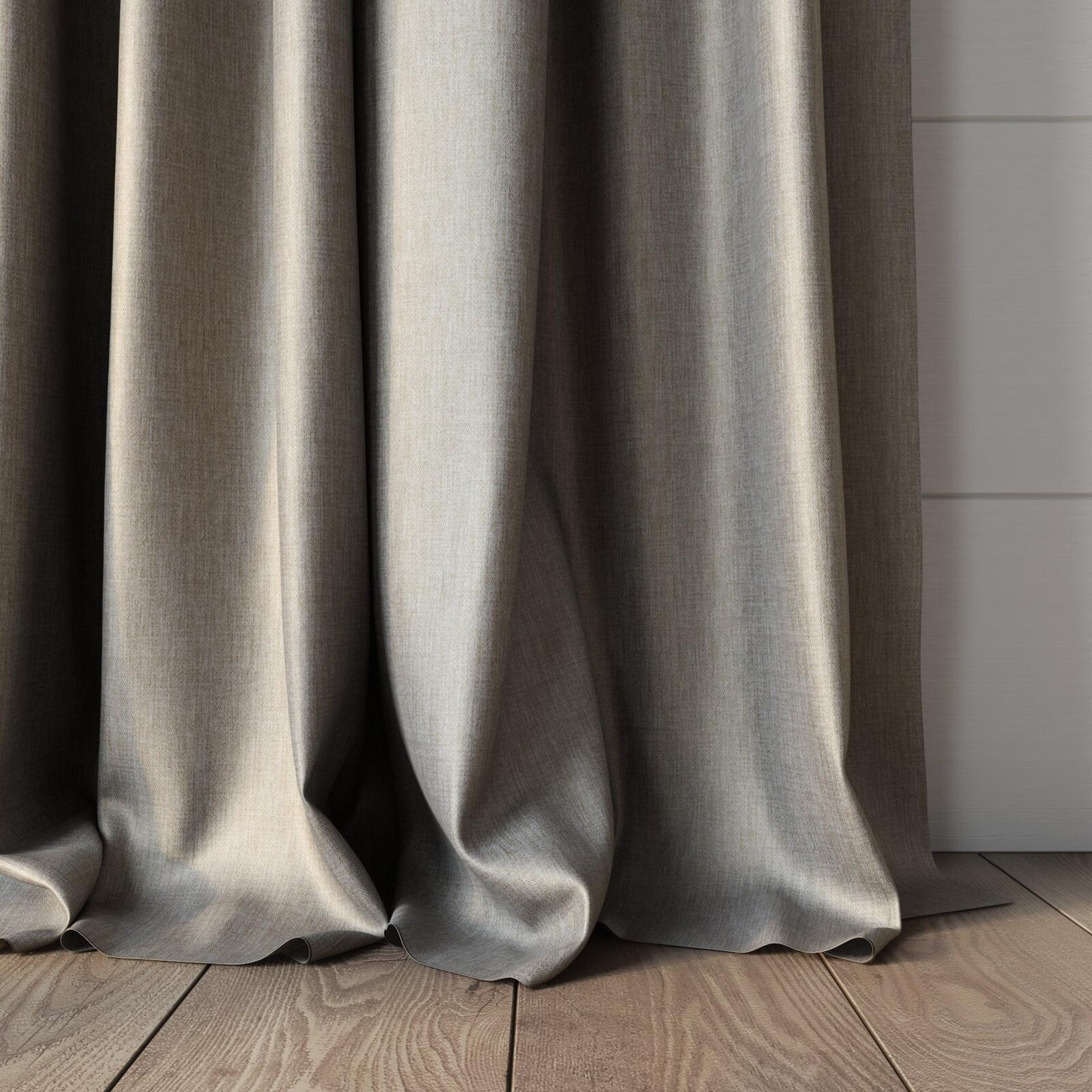 Bottom view of Matrix Linen, puddled, on curtain rod