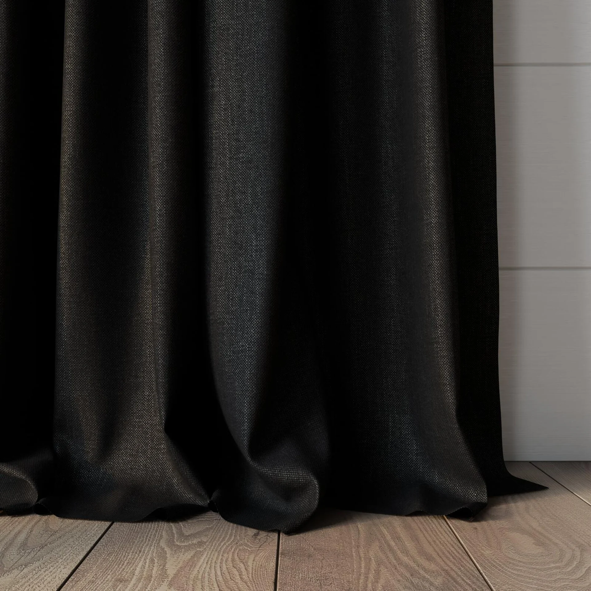 Bottom view of Perfecto Onyx, puddled, on curtain rod