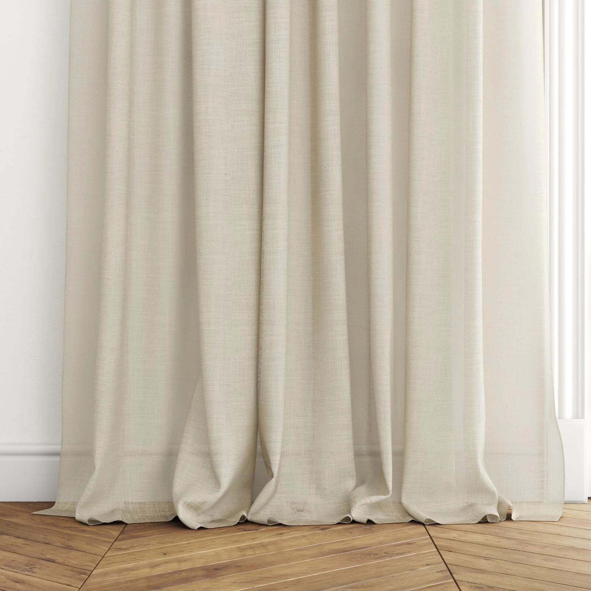 Bottom view of Verdant Sand, puddled with pinch pleat, on curtain rod