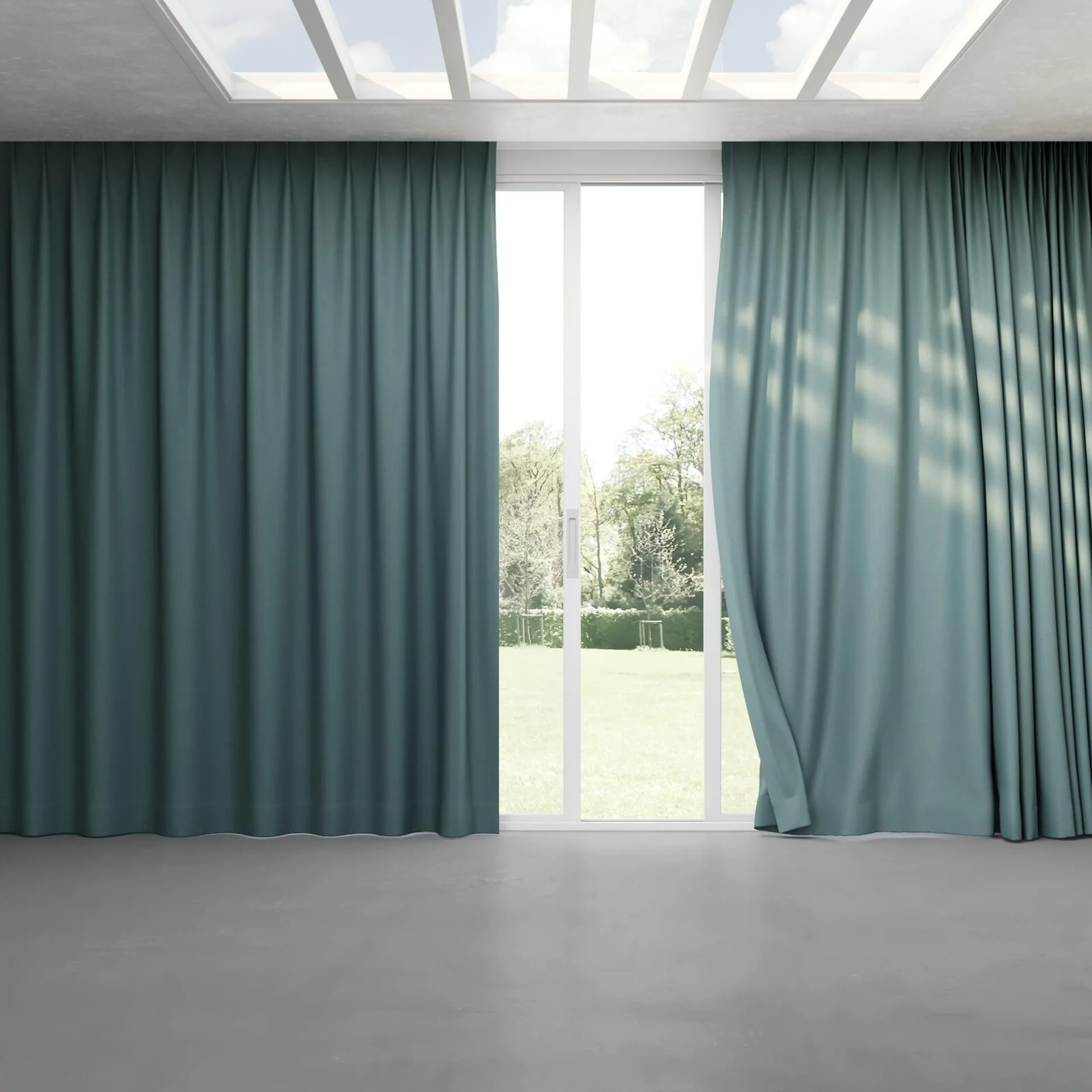 Full view of Luxo Teal, pinch pleat