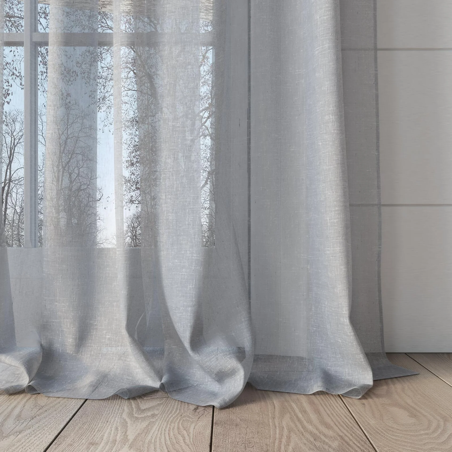 Bottom view of Tempest Storm, puddled, on curtain rod
