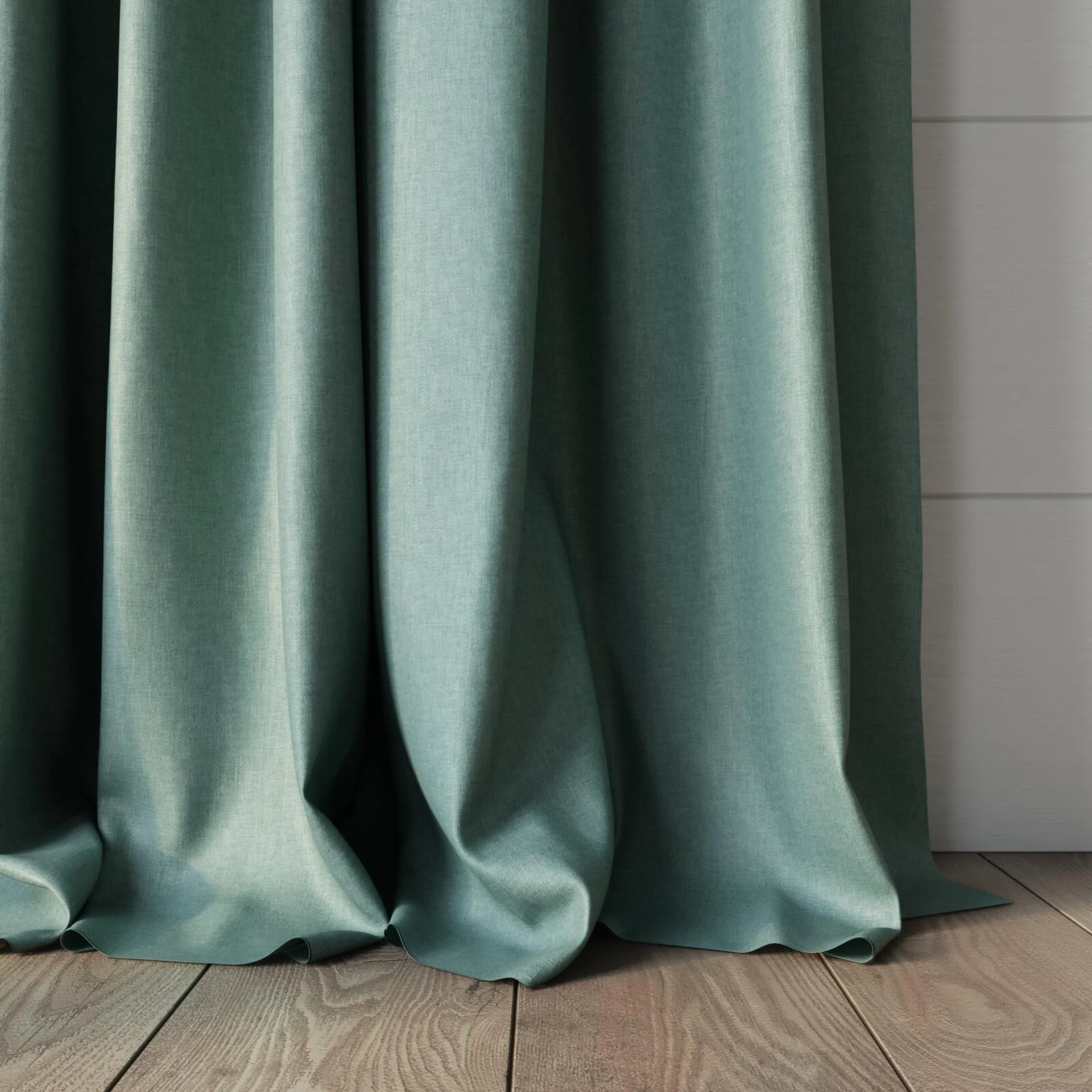 Bottom view of Naturama Spa, puddled, on curtain rod