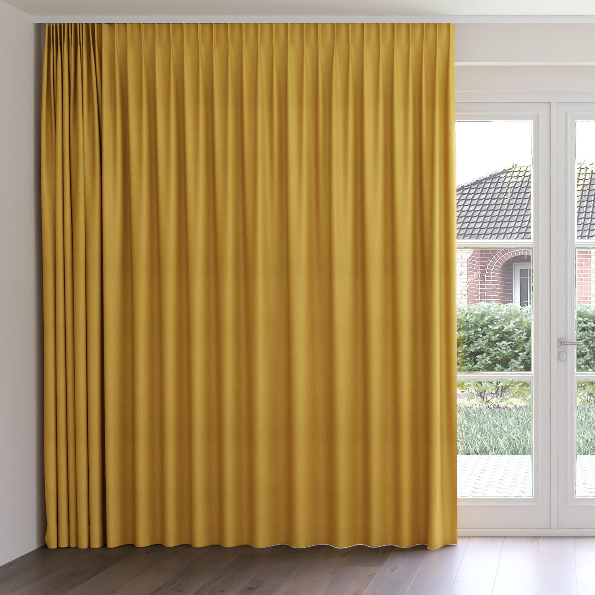 Front view of Loci Dim Out Gold, on curtain rail