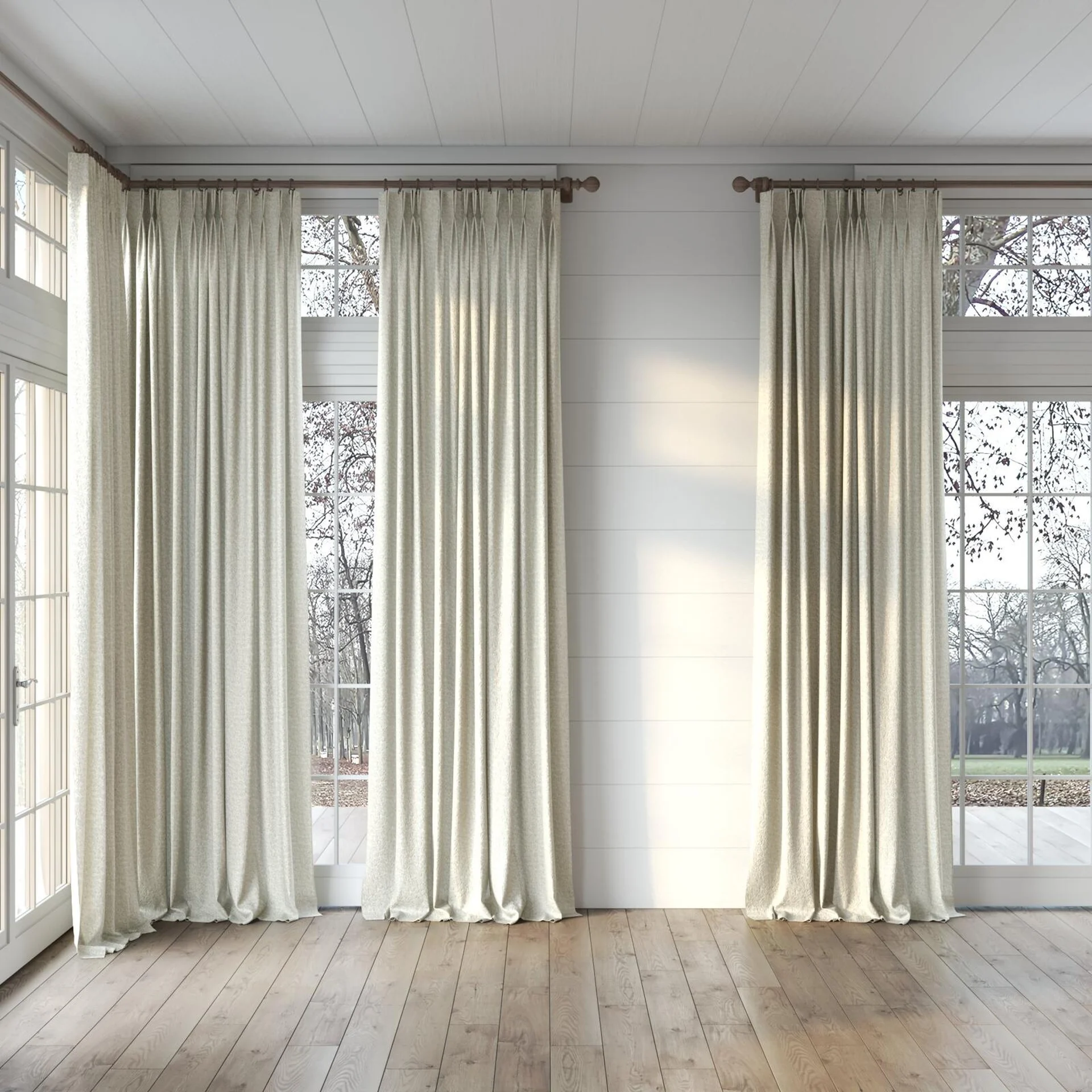 Full view of Metallique White Gold, puddled, on curtain rod