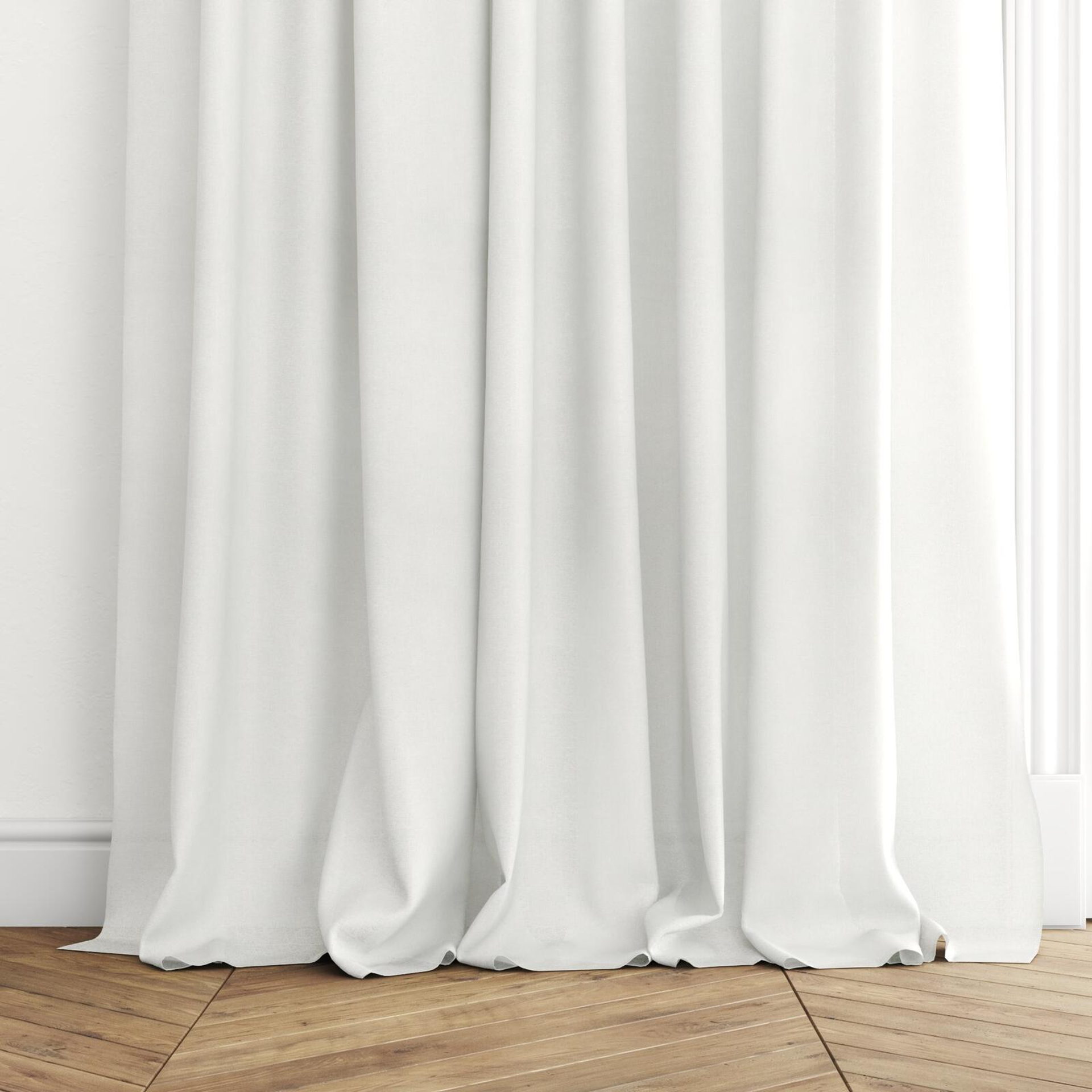 Bottom view of Open Cream, puddled with pinch pleat, on curtain rod
