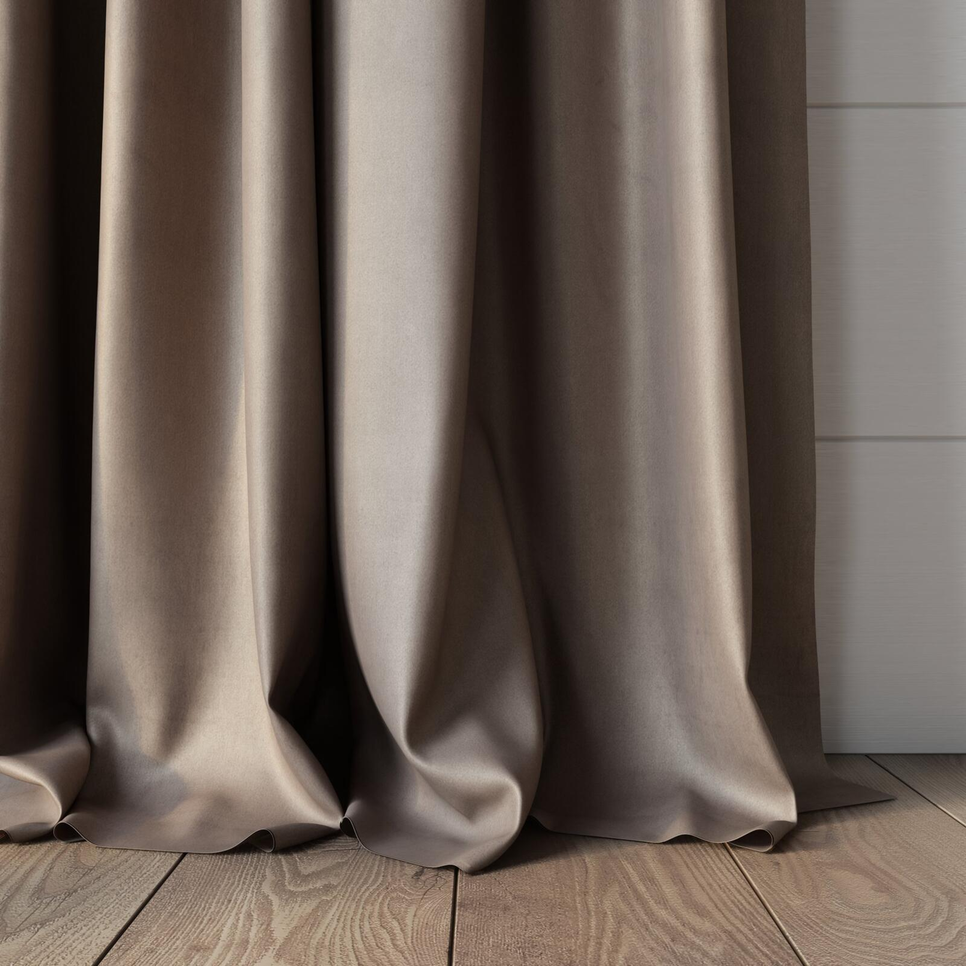 Bottom view of Warlock Taupe, puddled, on curtain rod