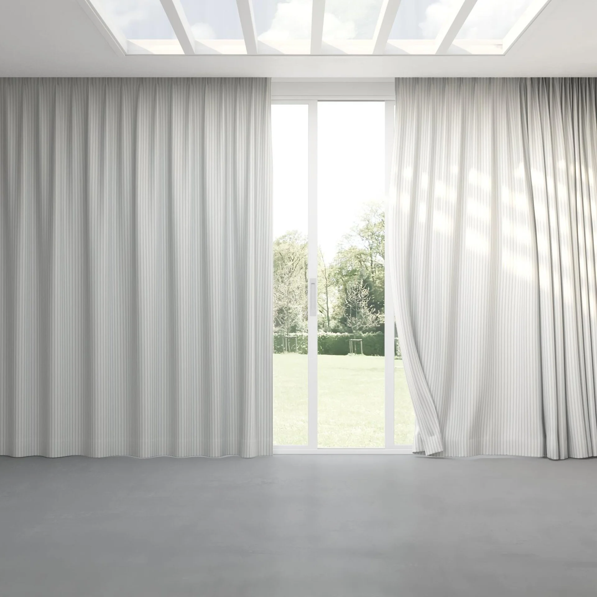 Full view of Chambray Ticking Thistle, pinch pleat