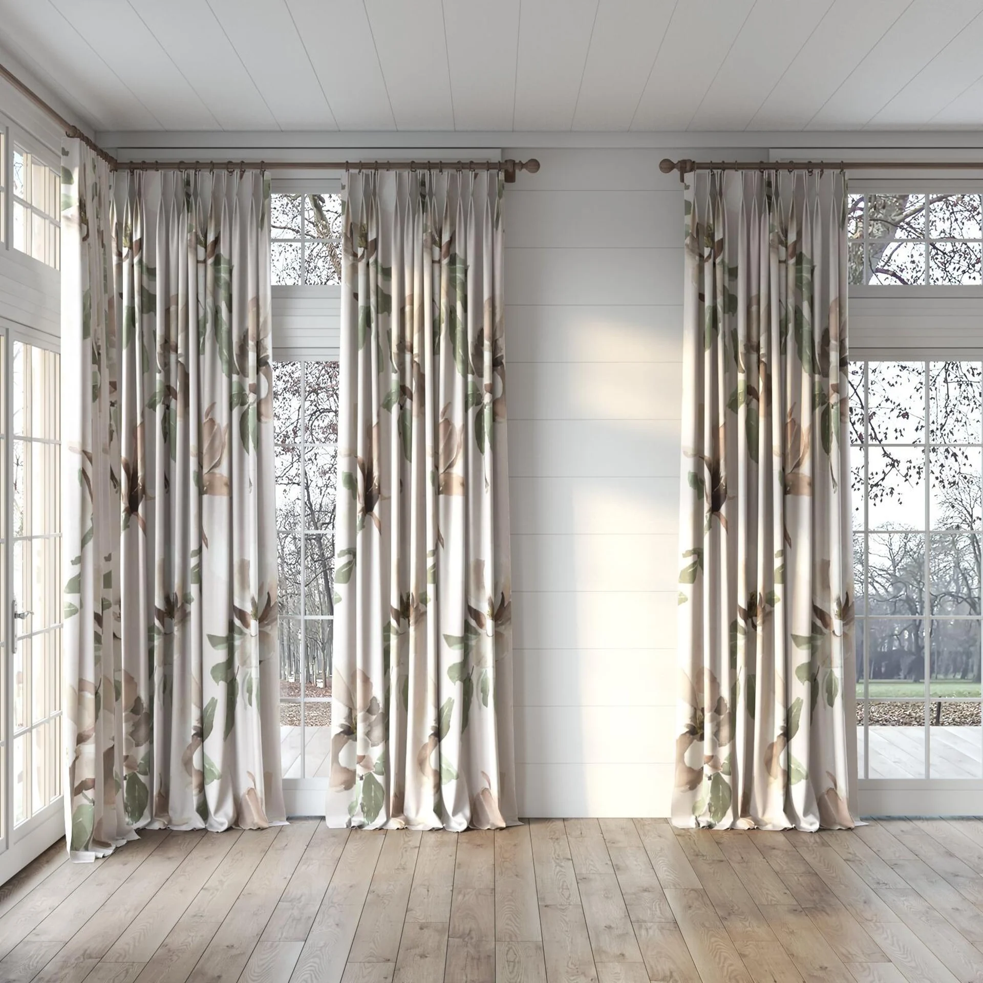 Full view of Magnolia Grandiflora Musk, puddled, on curtain rod