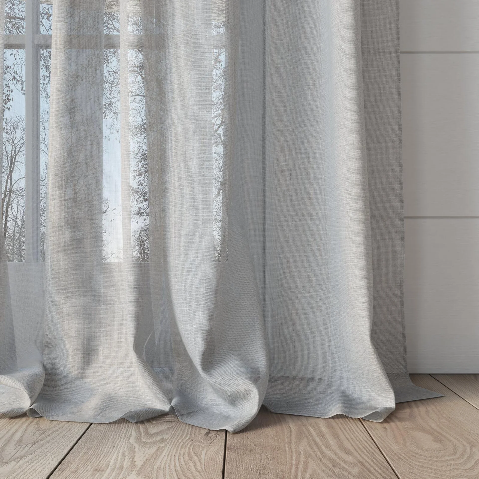 Bottom view of Antipodes Cloud, puddled, on curtain rod