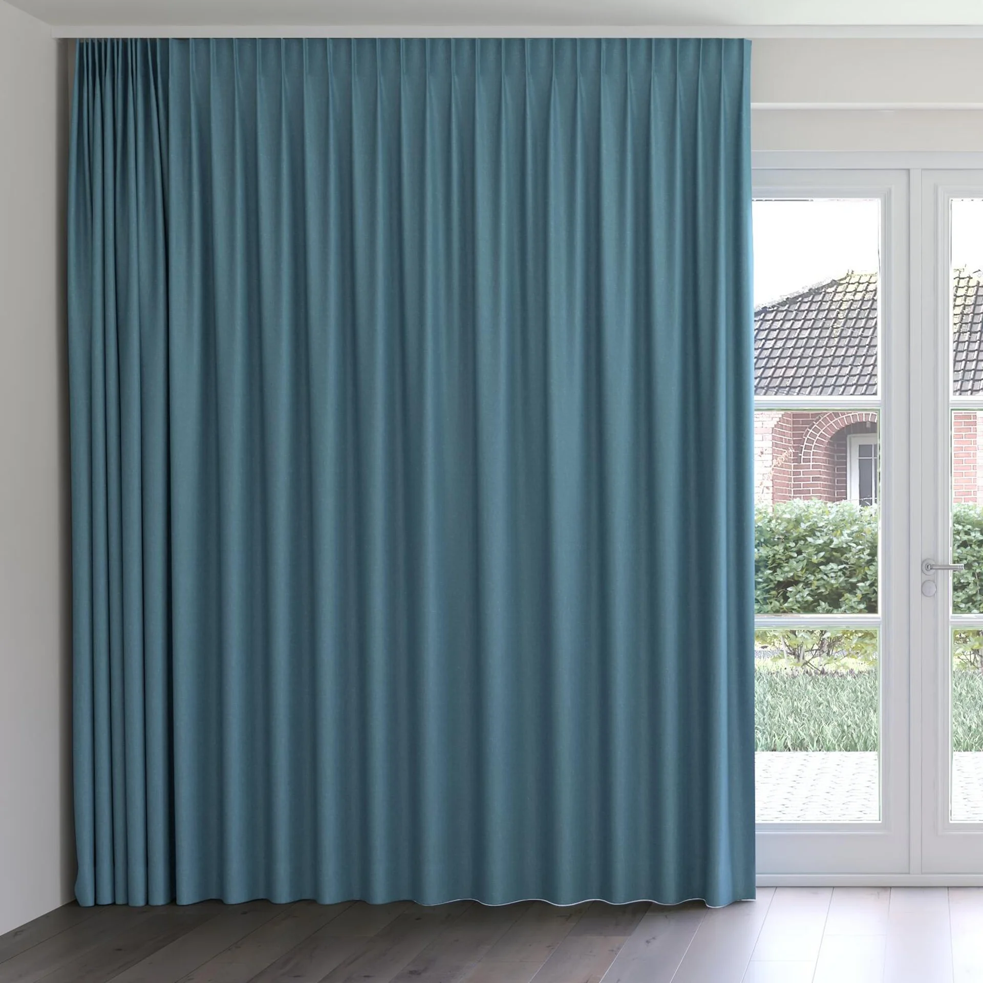 Front view of Excel Bluebell, on curtain rail