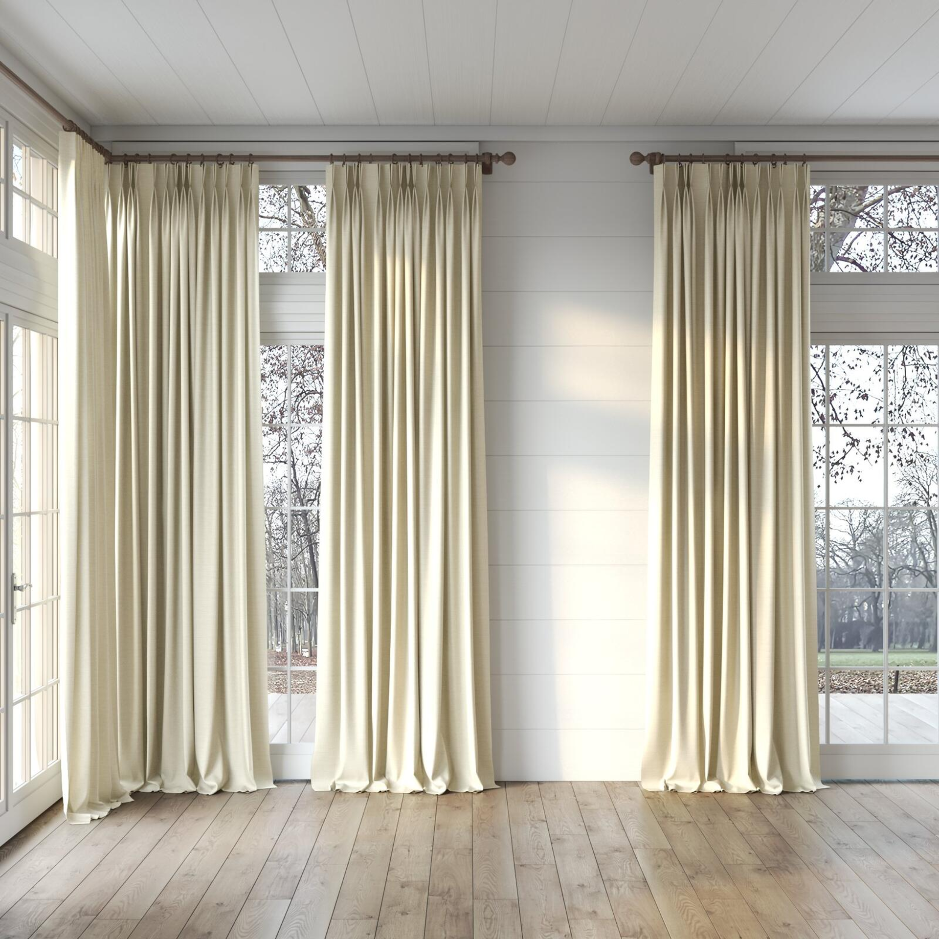 Full view of Linex Angora, puddled, on curtain rod