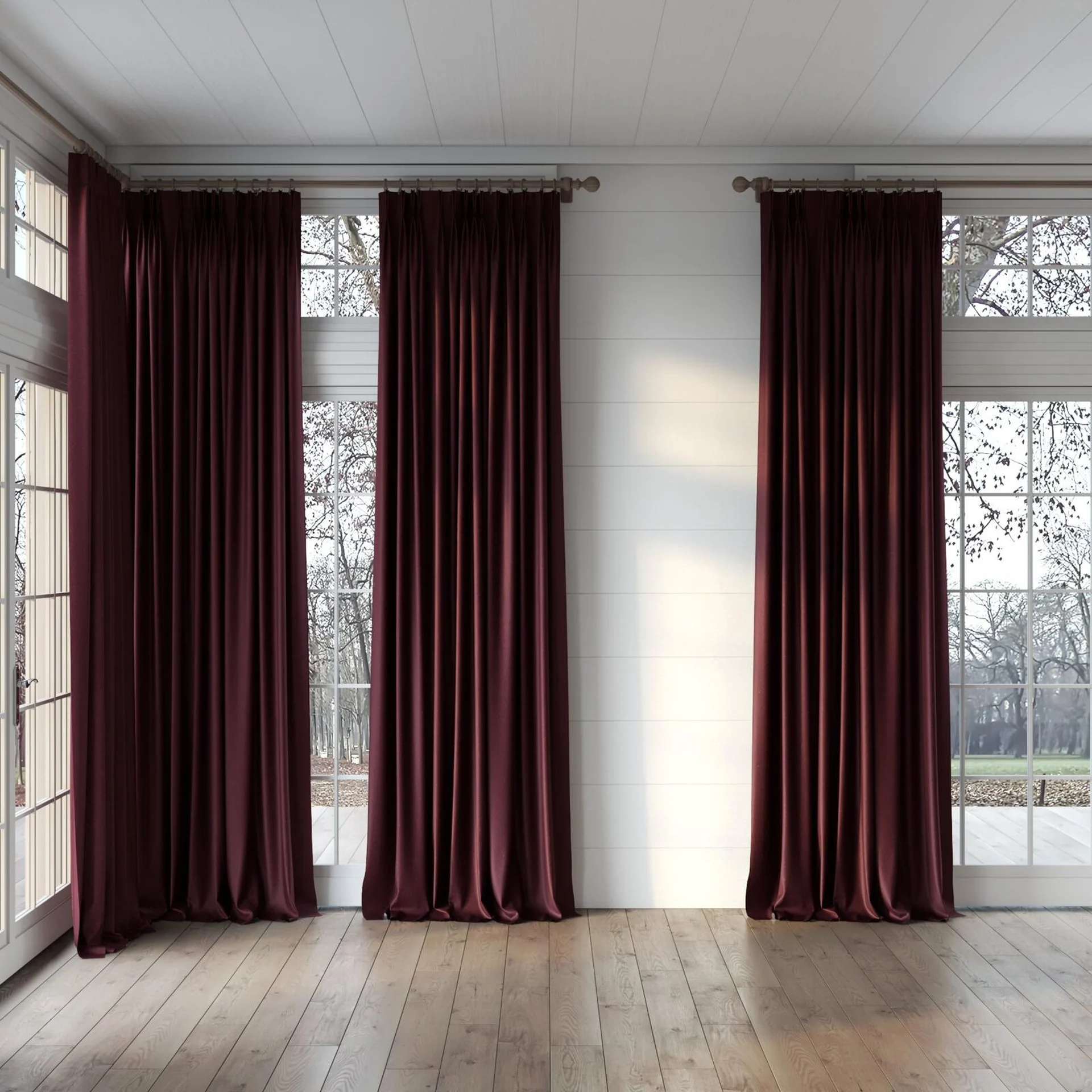 Full view of Recharge Burgundy, puddled, on curtain rod