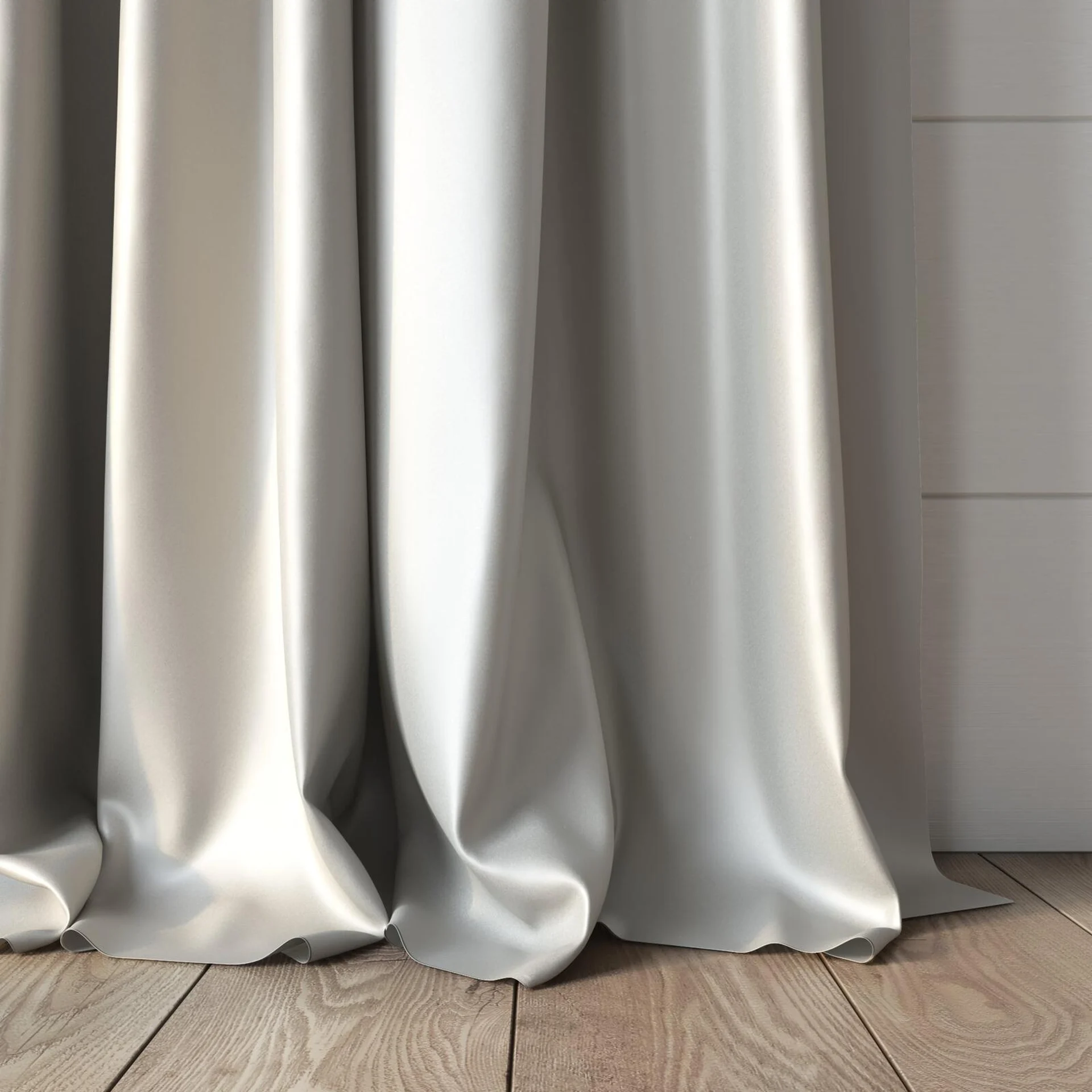Bottom view of Sleek Parchment, puddled, on curtain rod
