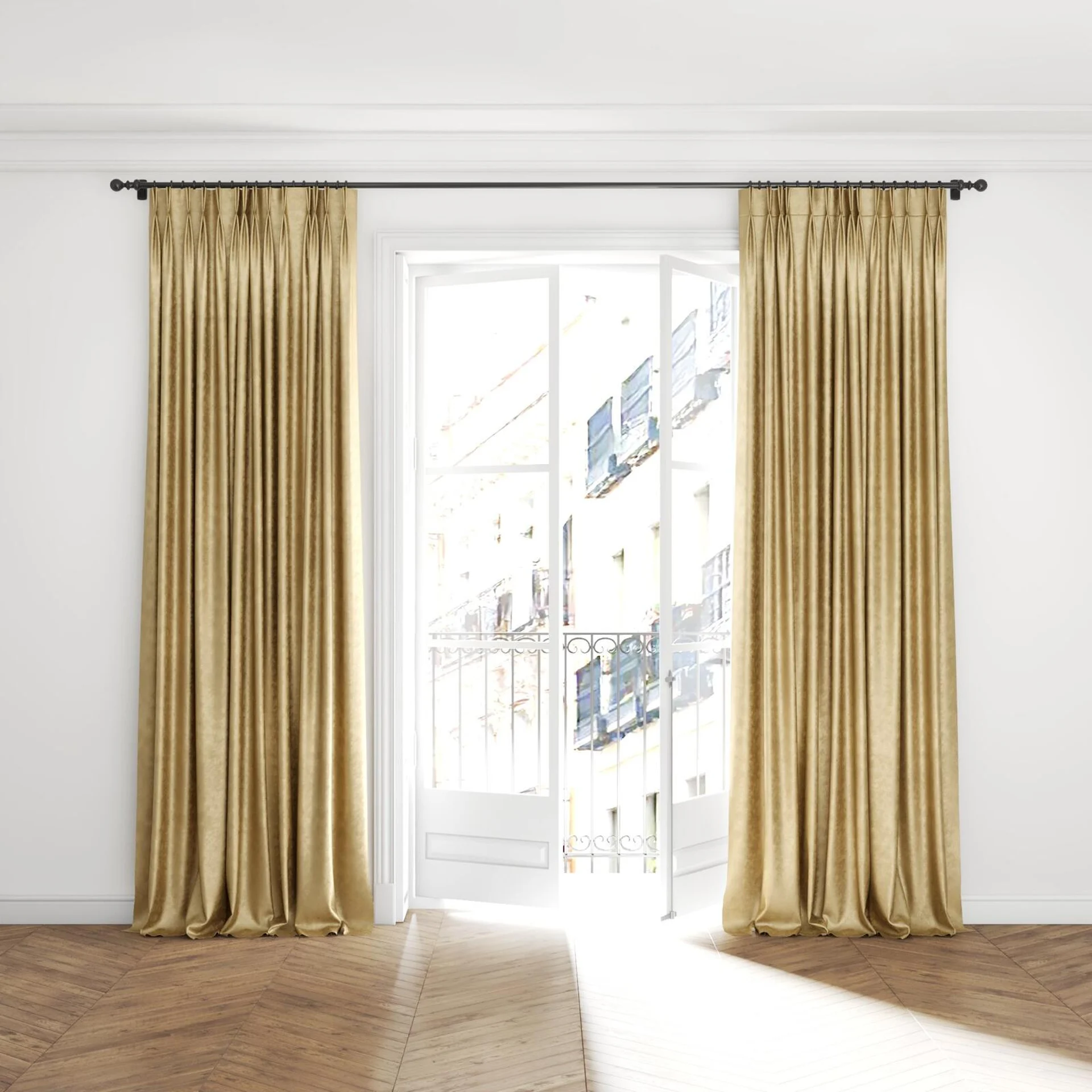 Full view of Fizz Jute, puddled with pinch pleat, on curtain rod