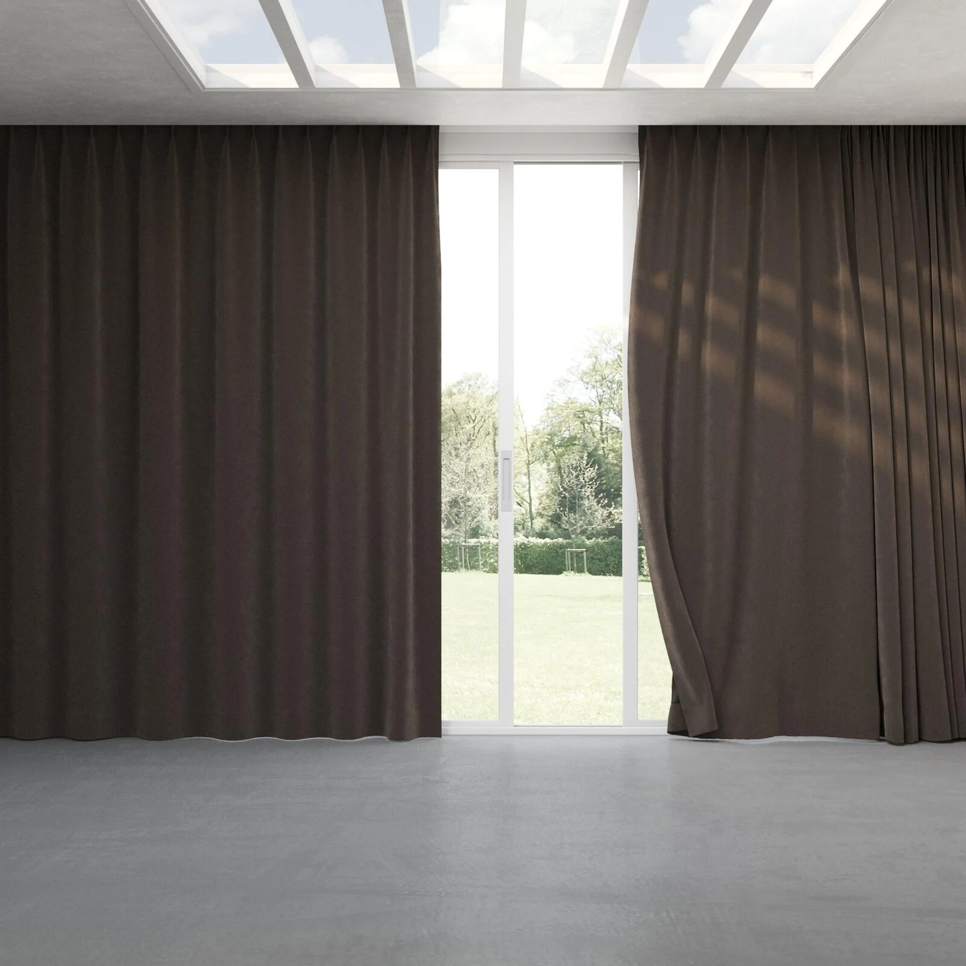 Full view of Lux Velvet Mocha 8705, pinch pleat