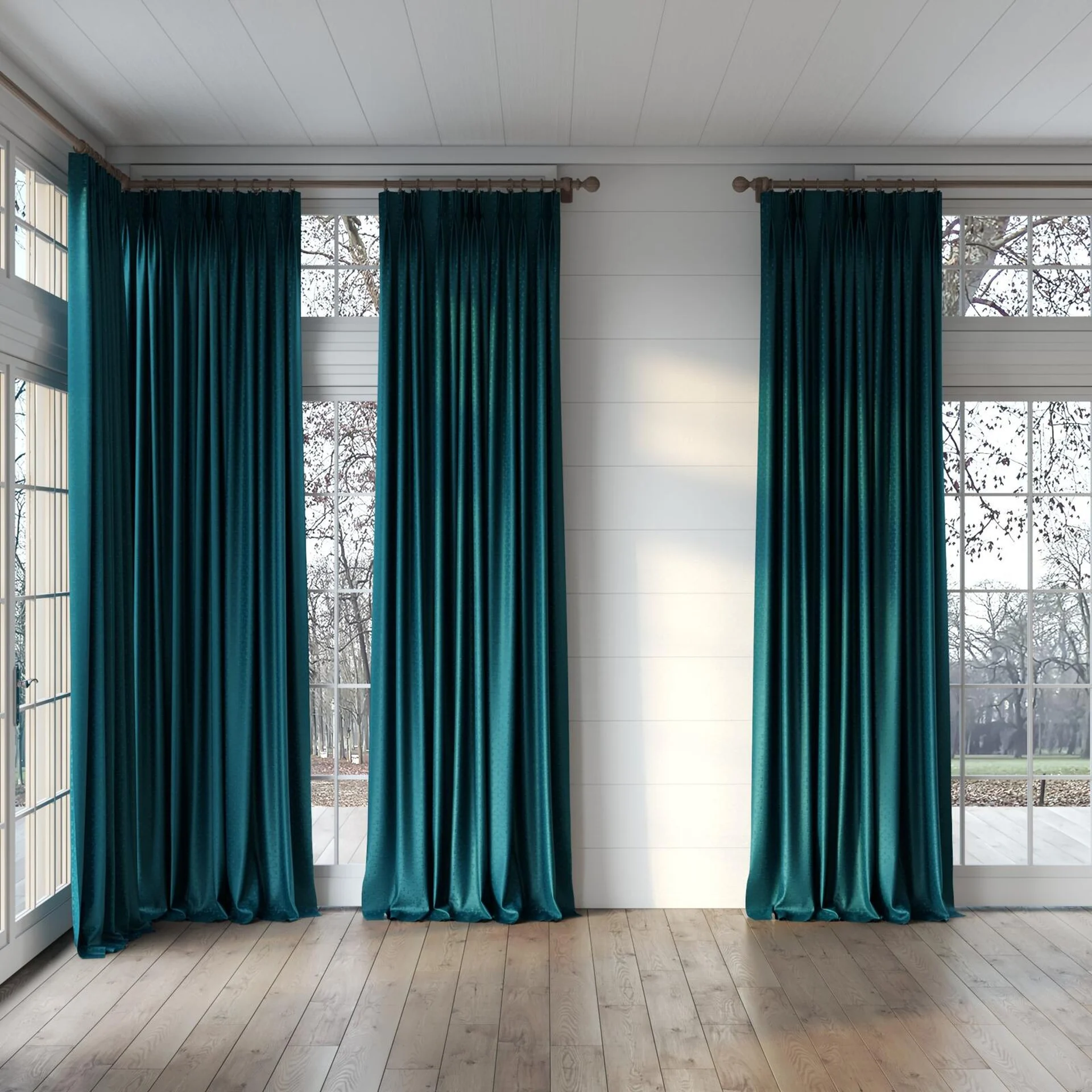 Full view of Requiem Teal, puddled, on curtain rod