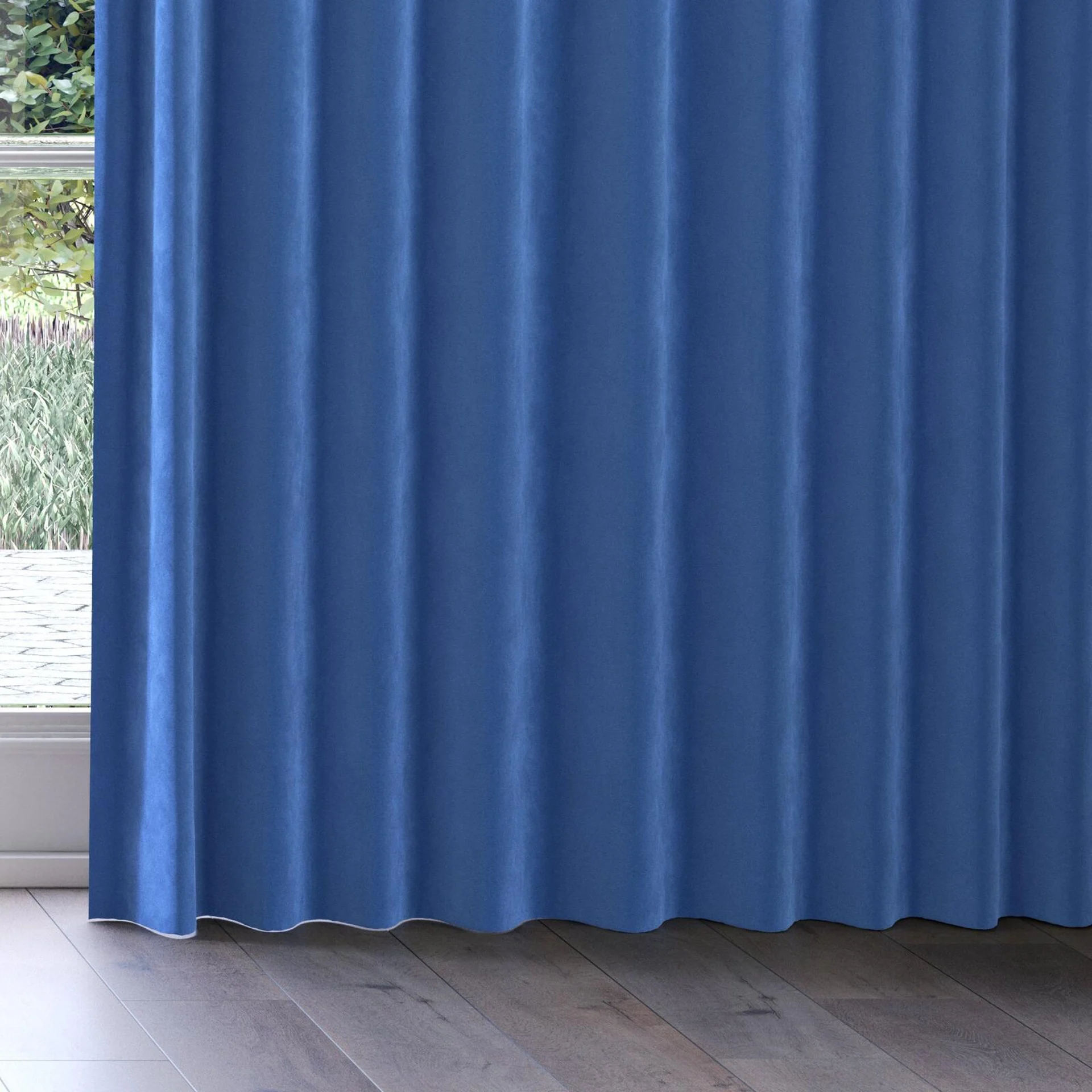Bottom view of Lux Velvet Blue 8807, on curtain rail
