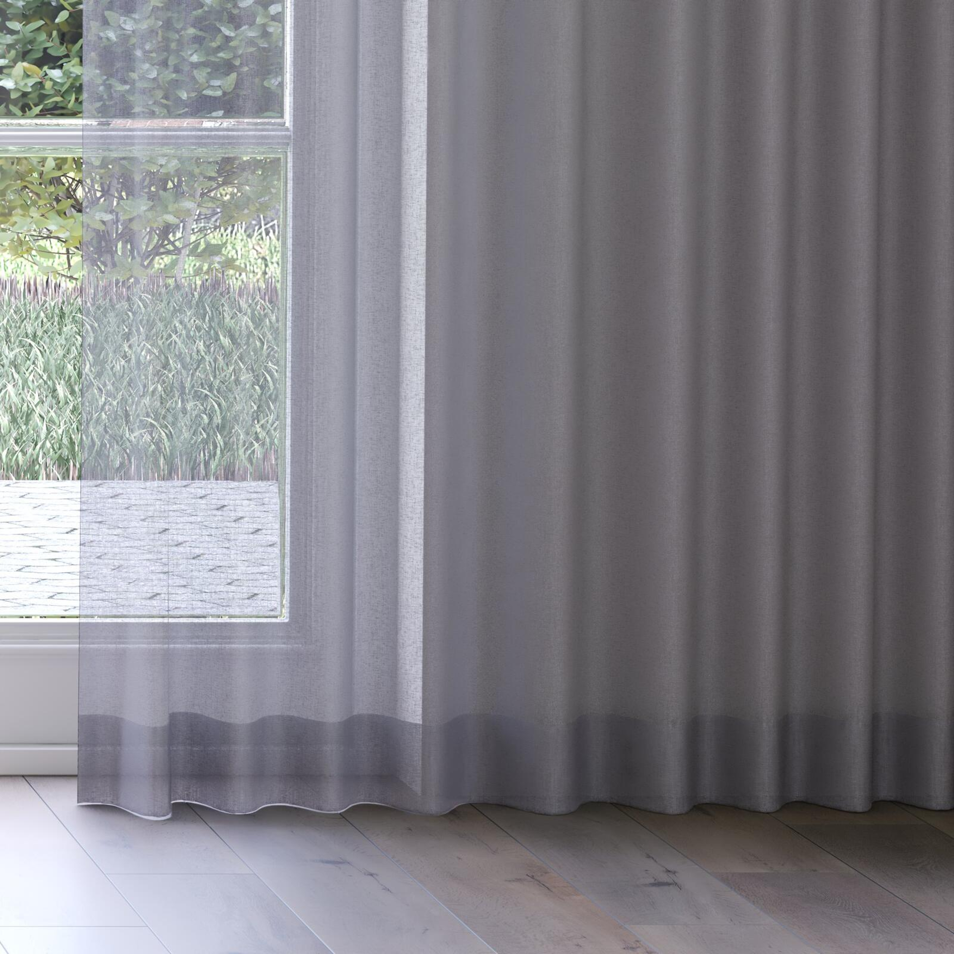 Bottom view of Elevate Mid Grey, on curtain rail