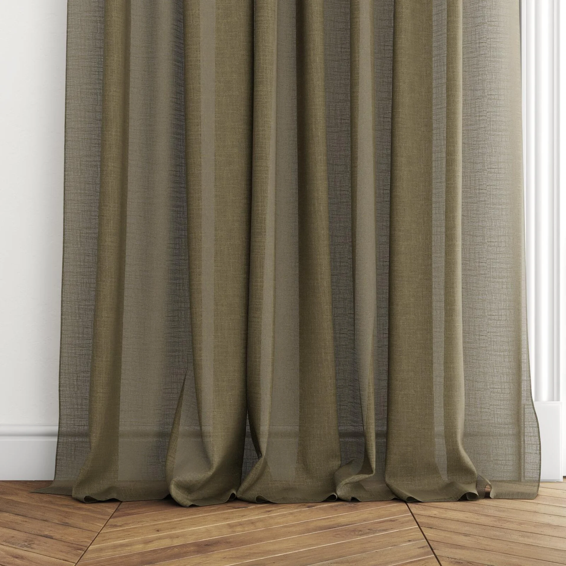 Bottom view of Verdant Camouflage, puddled with pinch pleat, on curtain rod