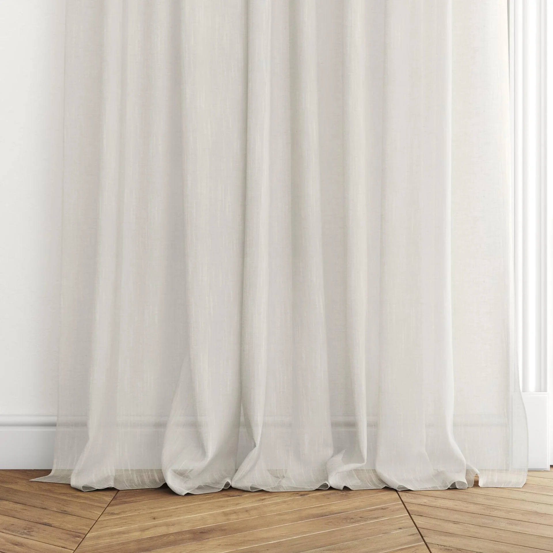 Bottom view of Rhythm Linen, puddled with pinch pleat, on curtain rod