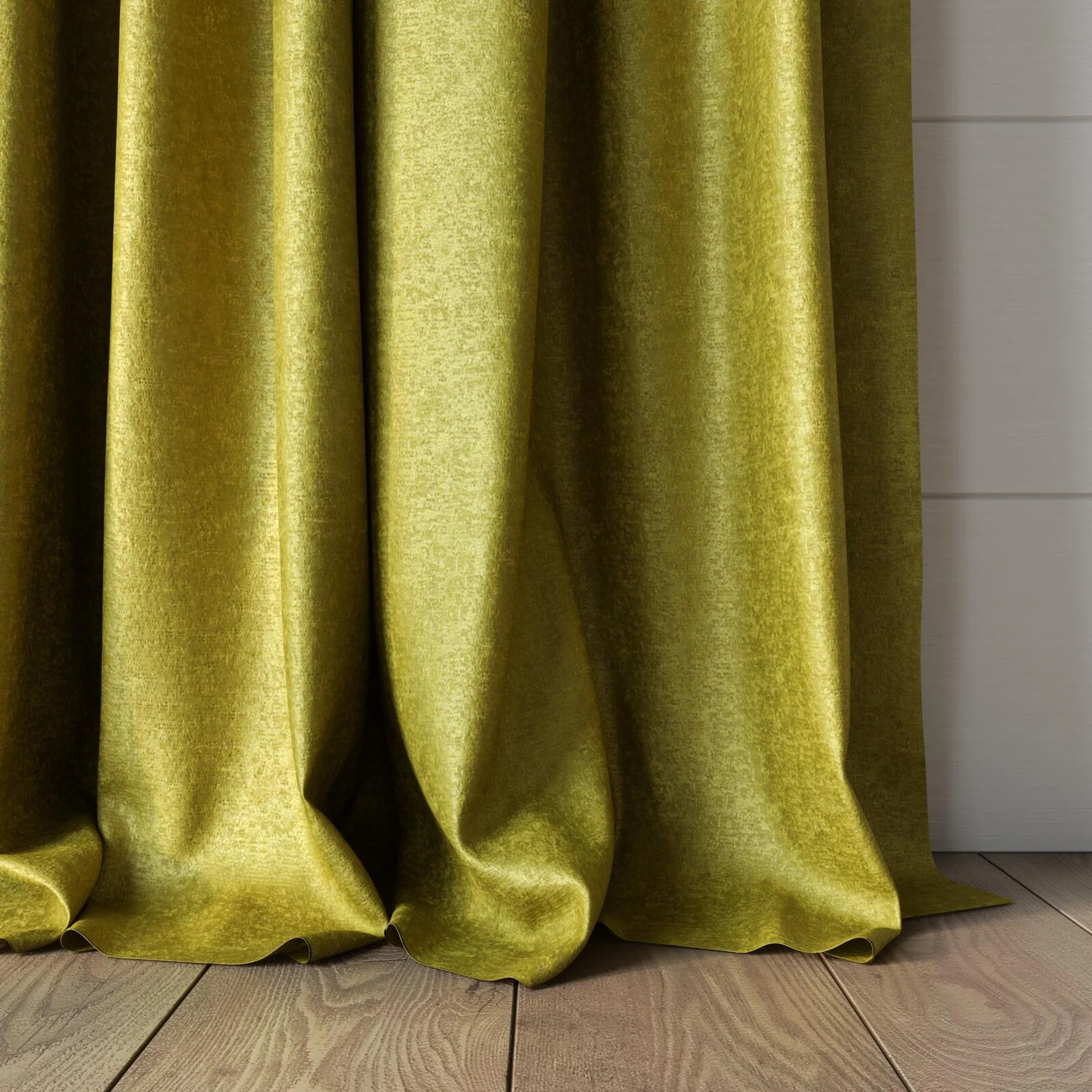 Bottom view of Hug Chartreuse, puddled, on curtain rod