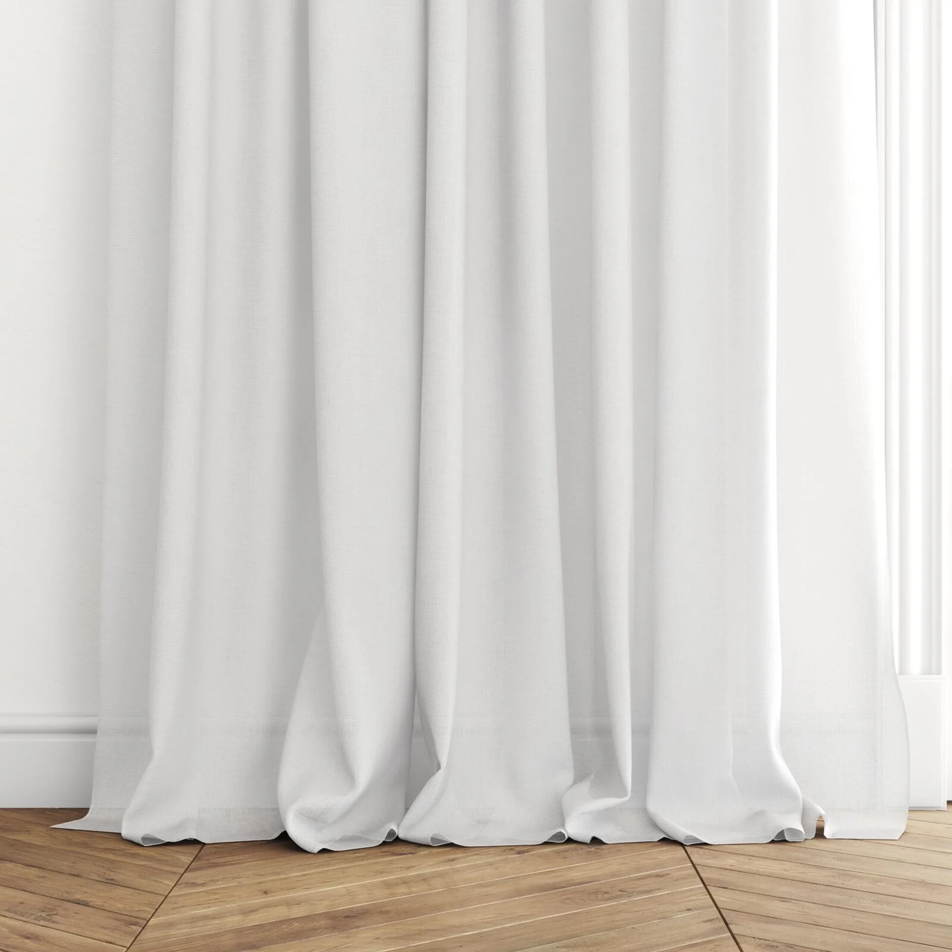 Bottom view of Monsoon Shell, puddled with pinch pleat, on curtain rod