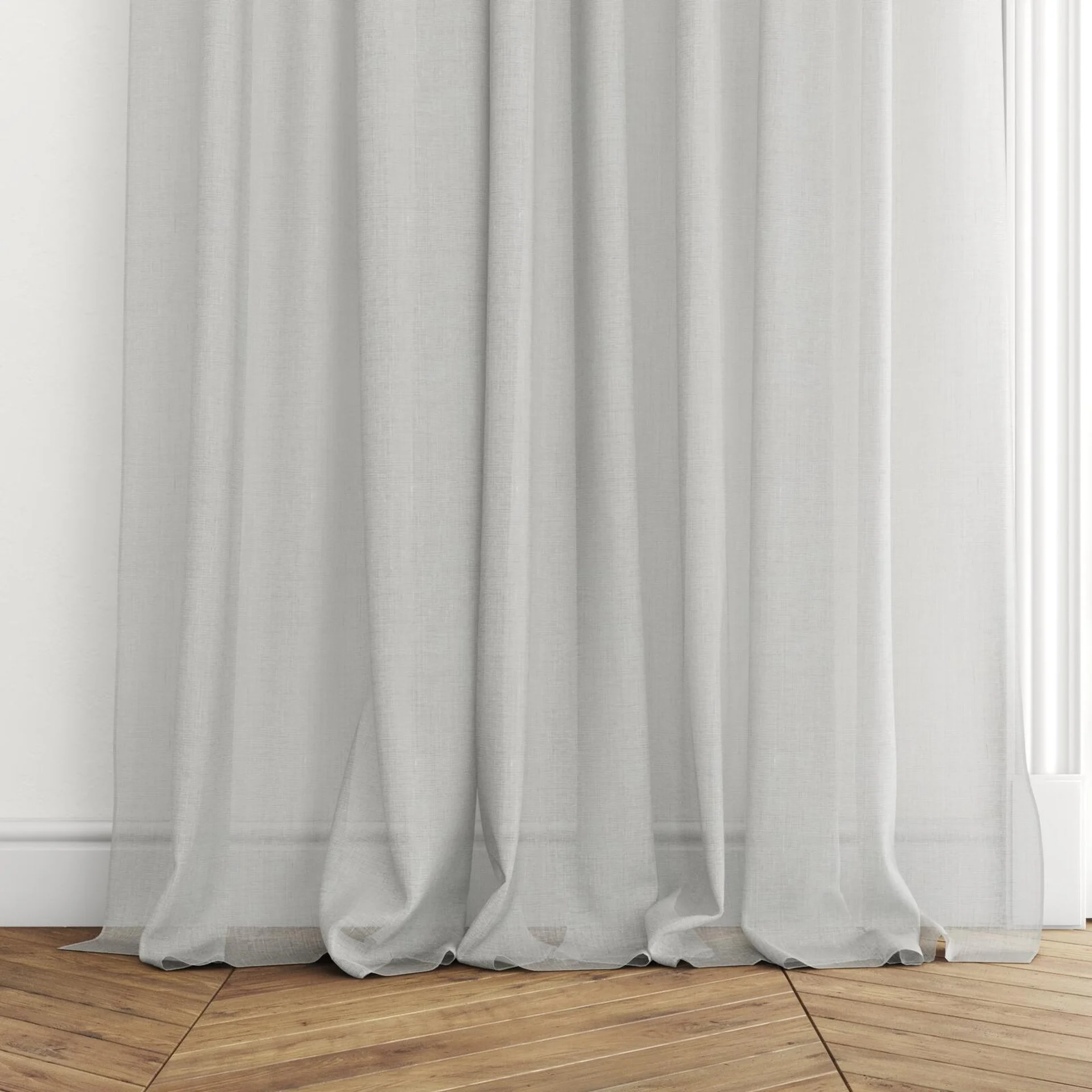 Bottom view of Antipodes Flax, puddled with pinch pleat, on curtain rod