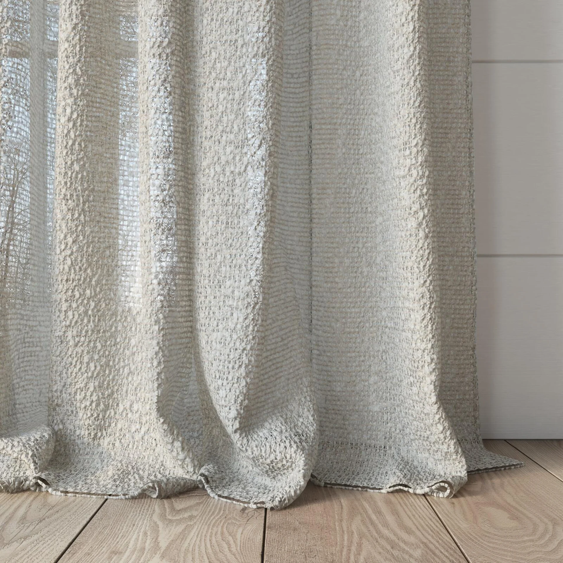 Bottom view of Totto Salt, puddled, on curtain rod