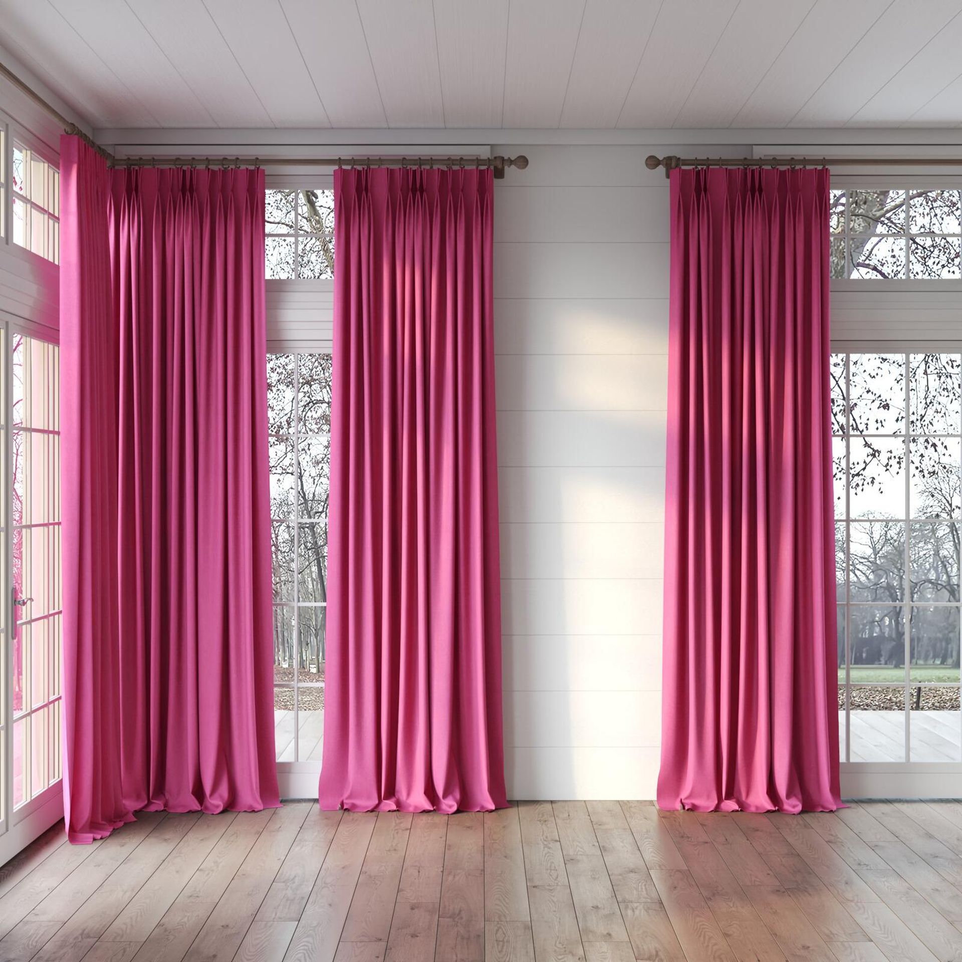 Full view of Rover Magenta, puddled, on curtain rod