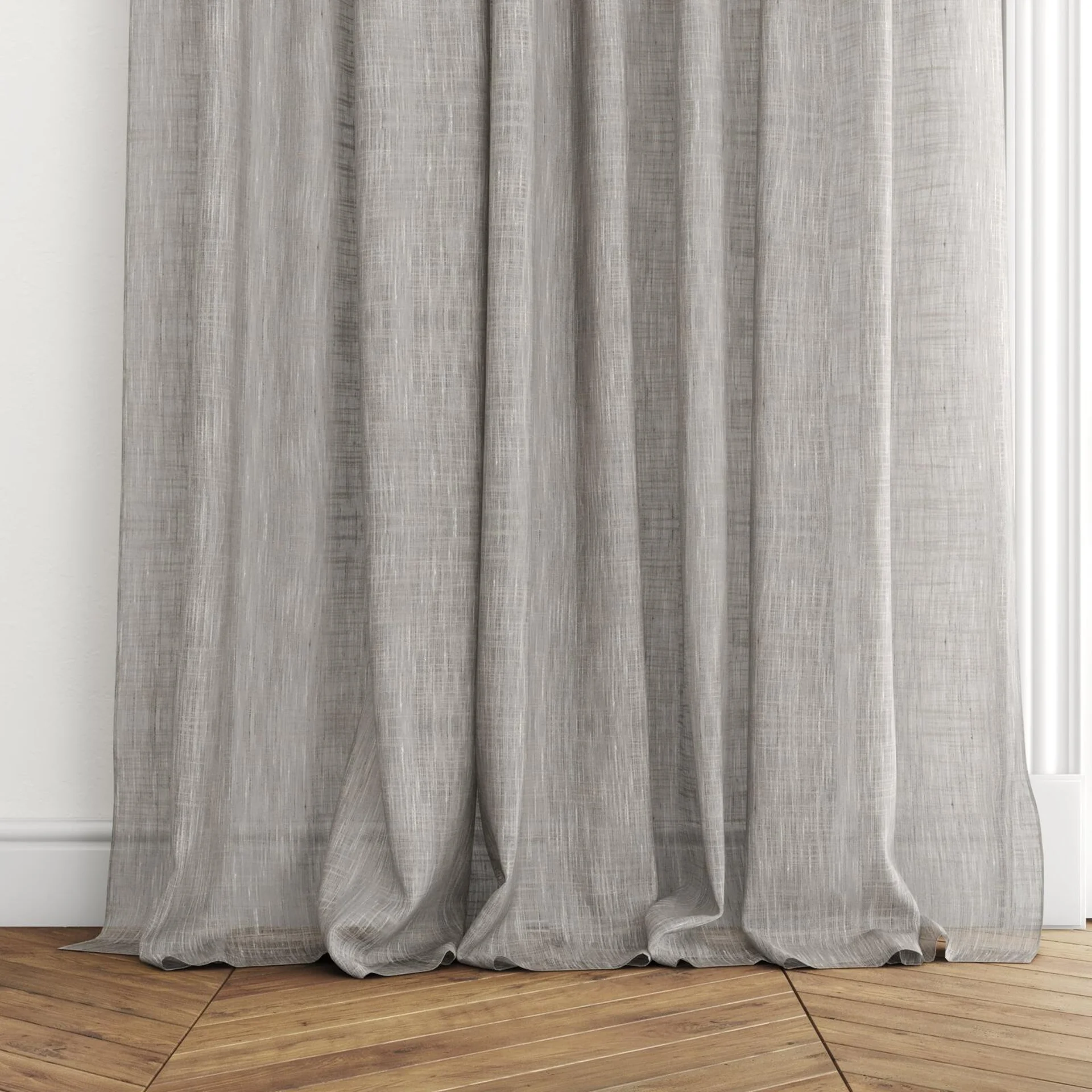 Bottom view of Zip Smoke, puddled with pinch pleat, on curtain rod