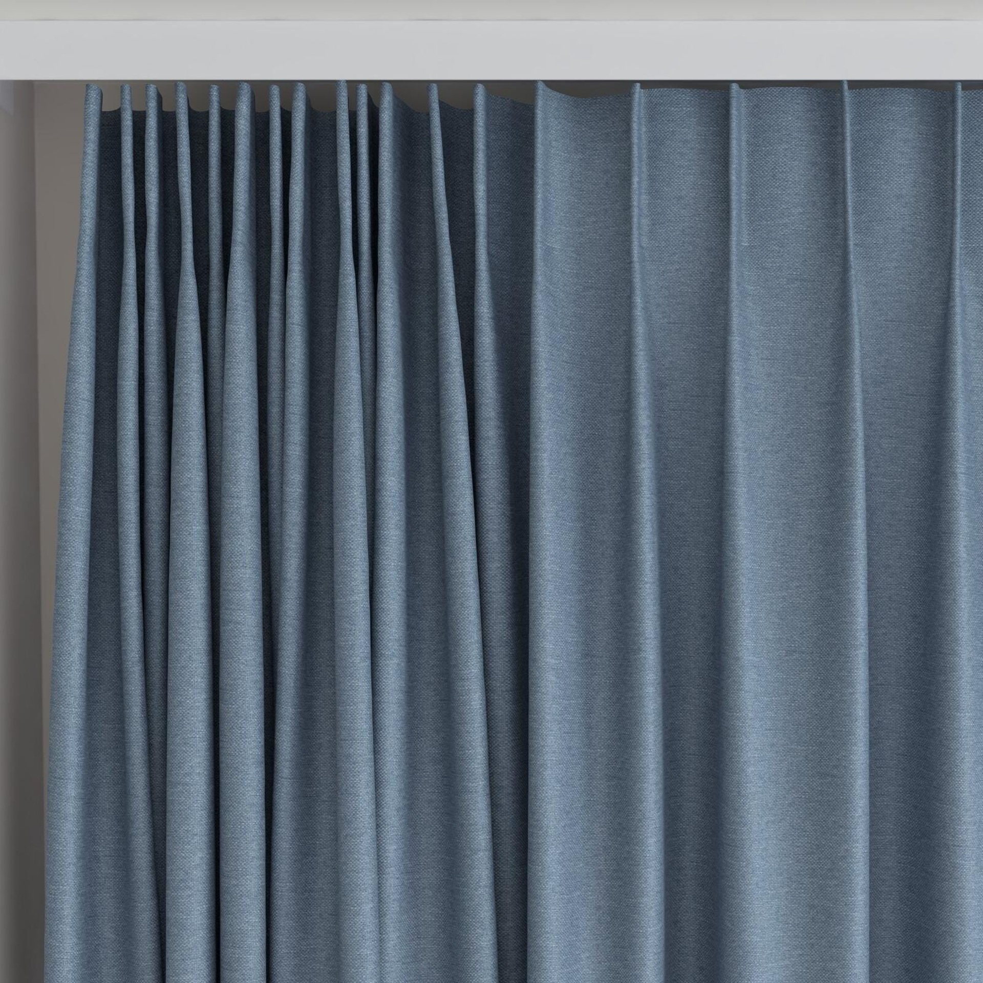 Top view of Duede Denim, on curtain rail