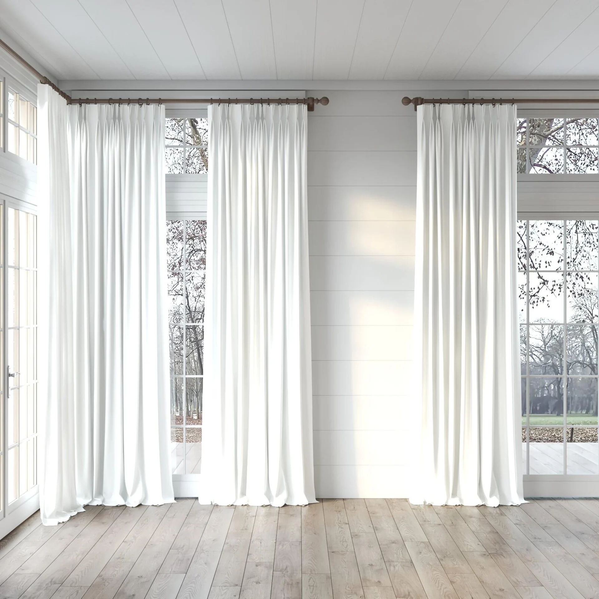 Full view of Brugge Wool, puddled, on curtain rod