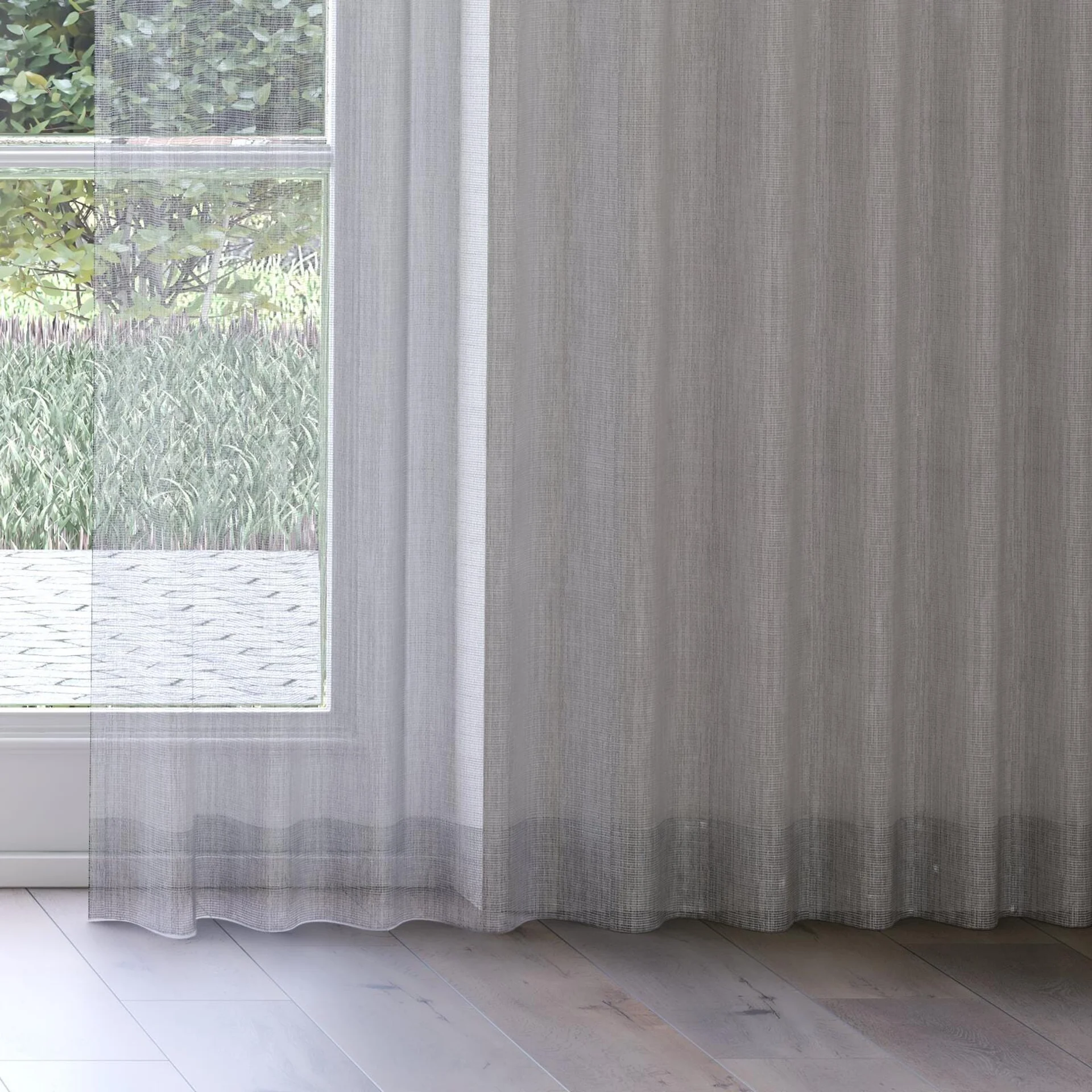 Bottom view of Radiant Aluminium, on curtain rail