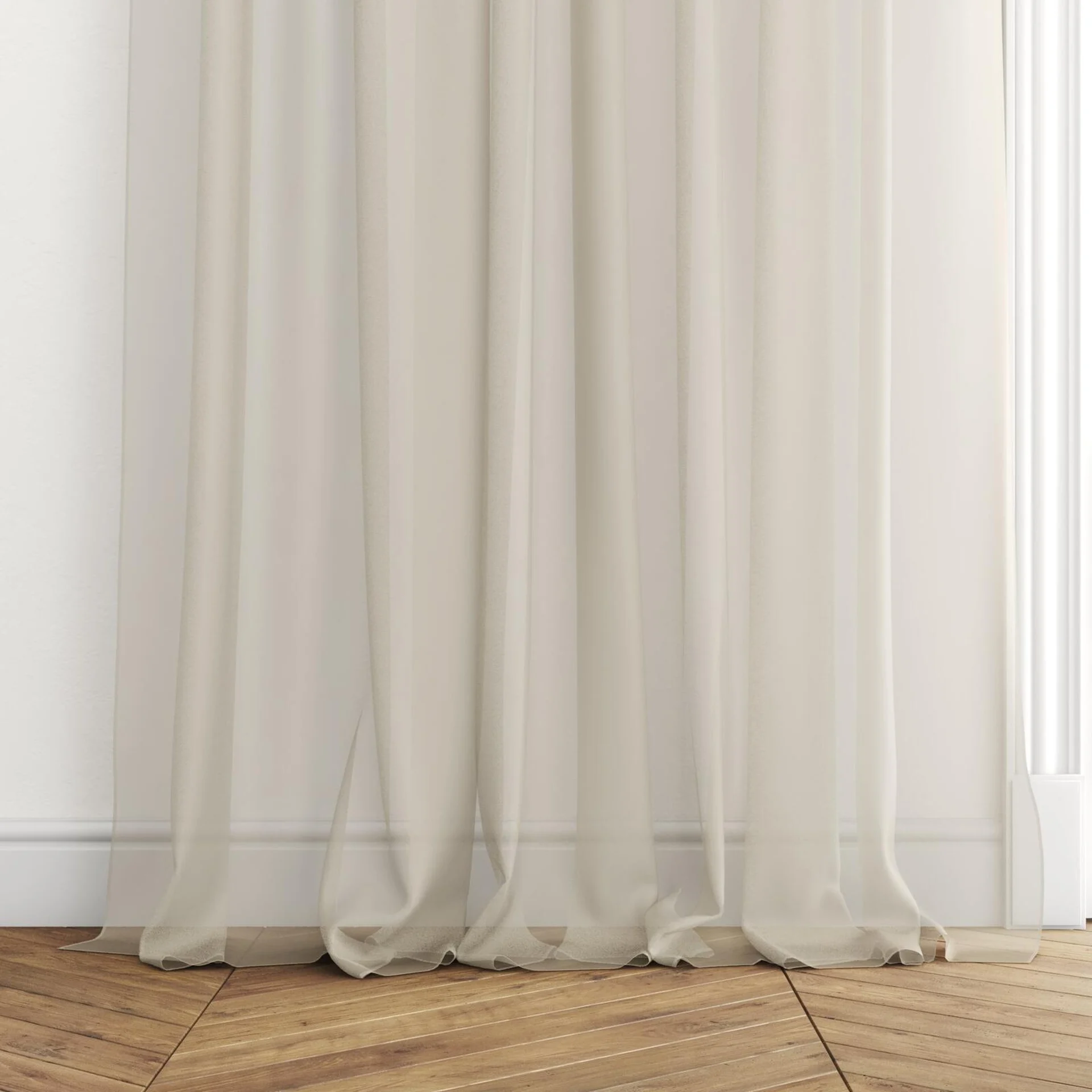 Bottom view of Xo Cashew, puddled with pinch pleat, on curtain rod
