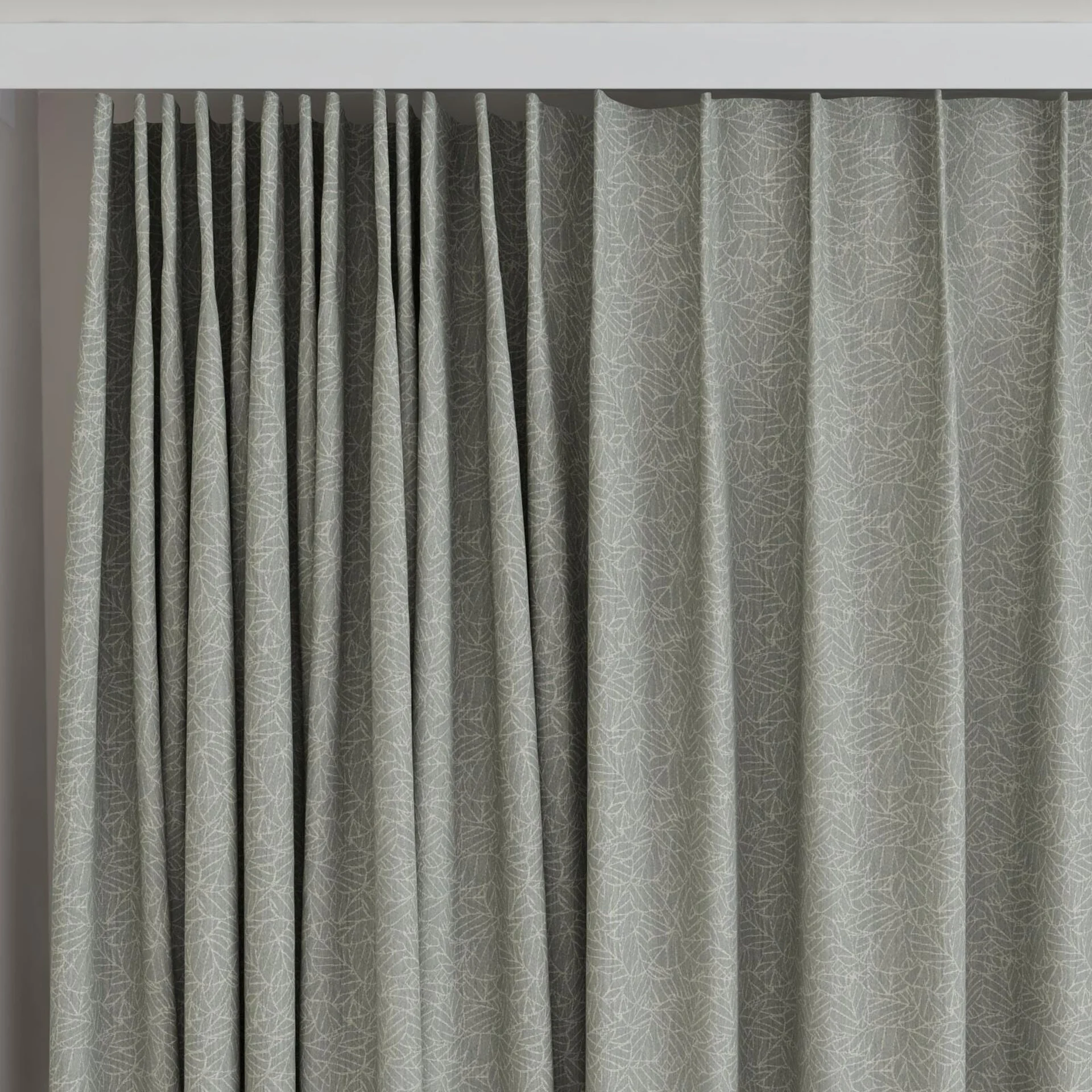 Top view of Laurel FR Blackout Mineral, on curtain rail