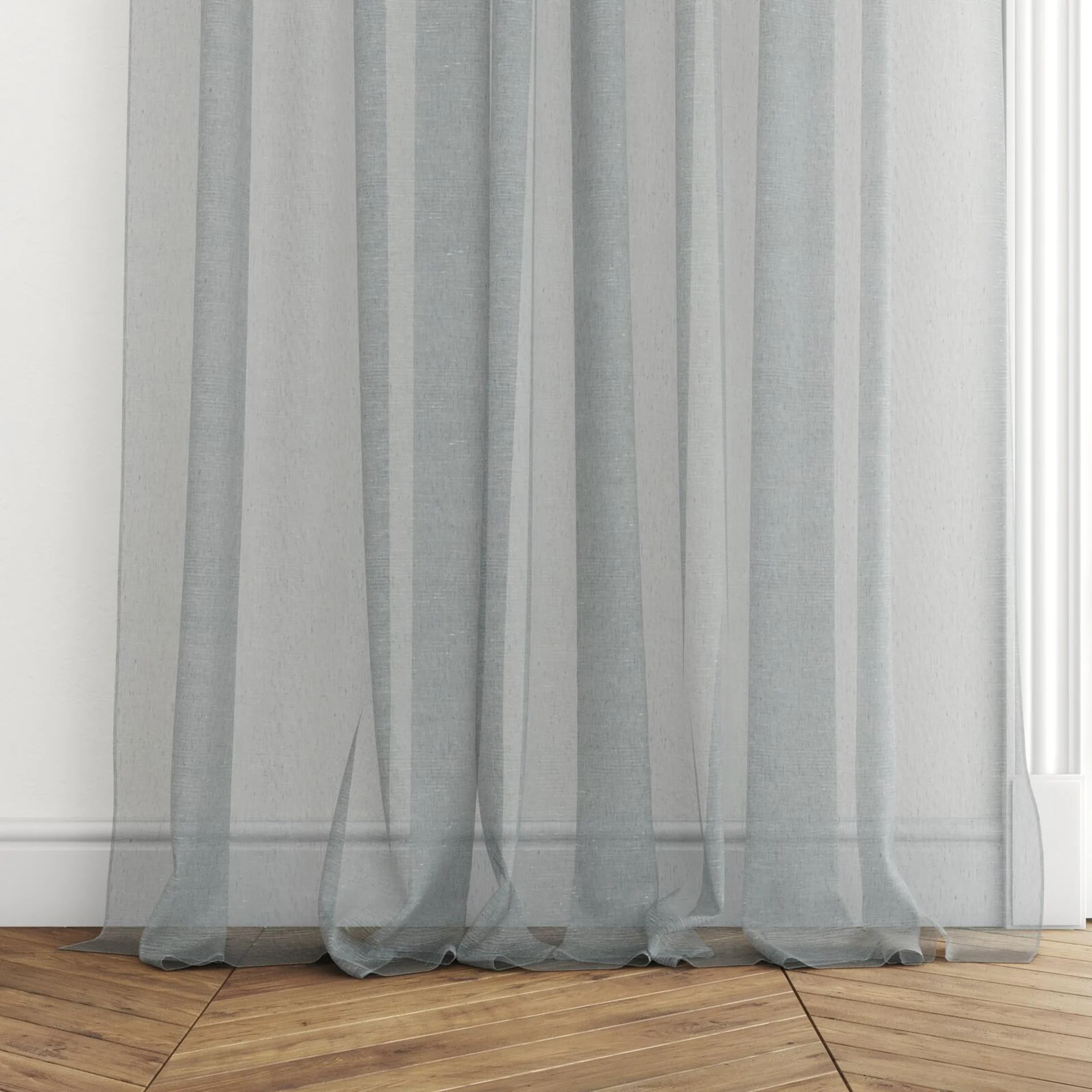 Bottom view of Rhyme Teal, puddled with pinch pleat, on curtain rod