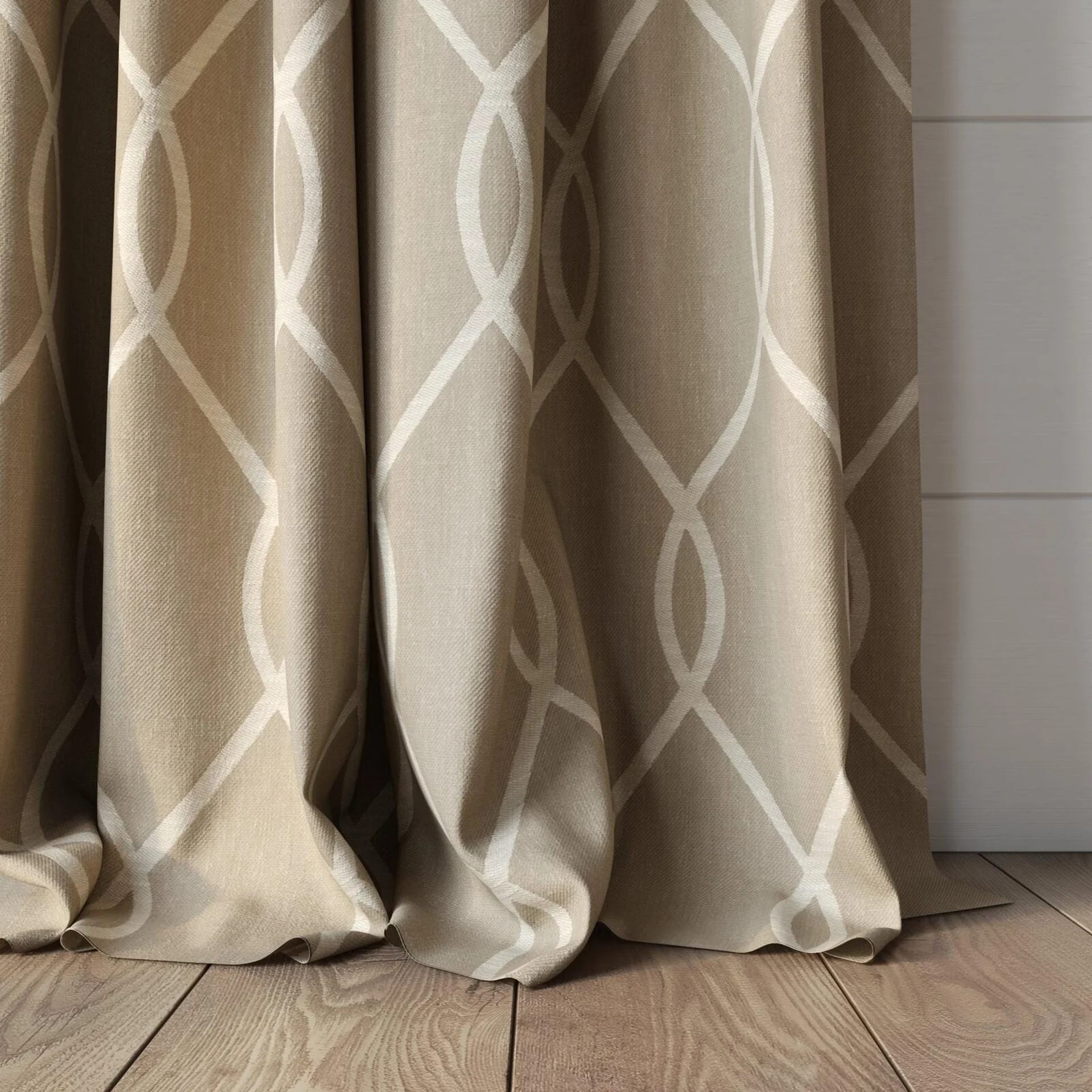 Bottom view of Latimer Latte, puddled, on curtain rod