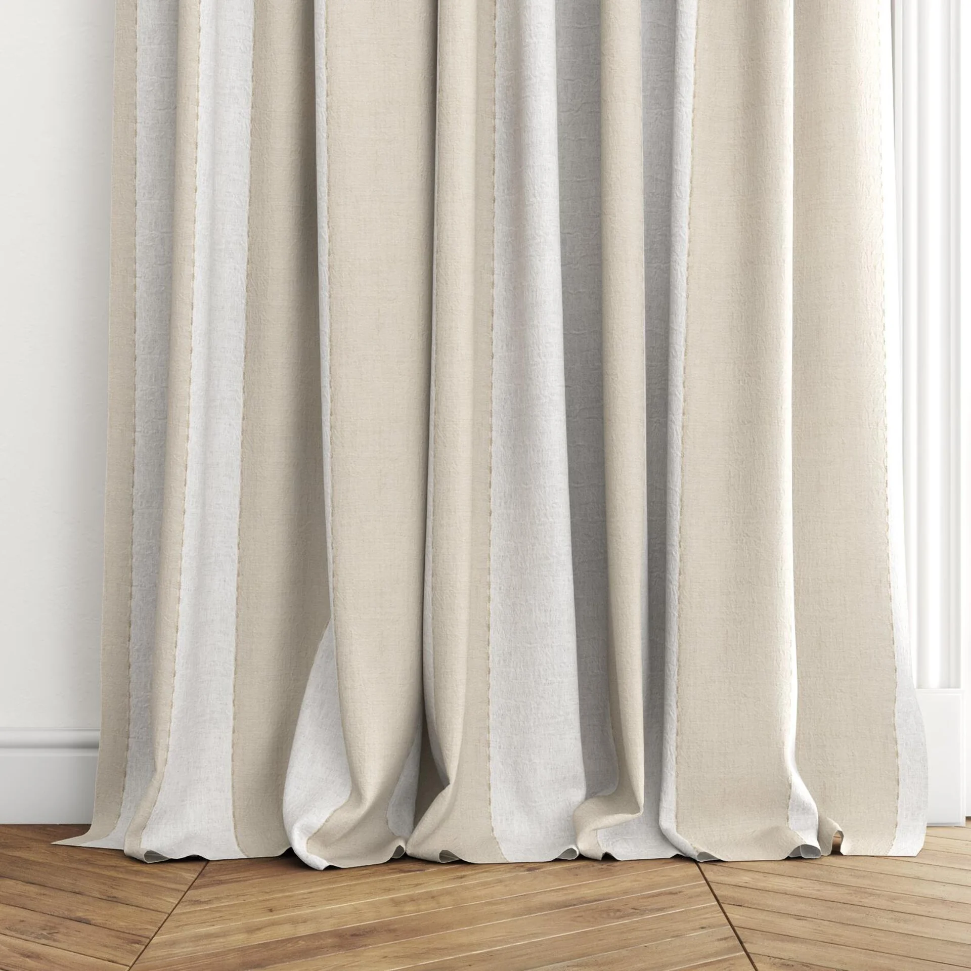 Bottom view of Zanella Sandshell, puddled with pinch pleat, on curtain rod