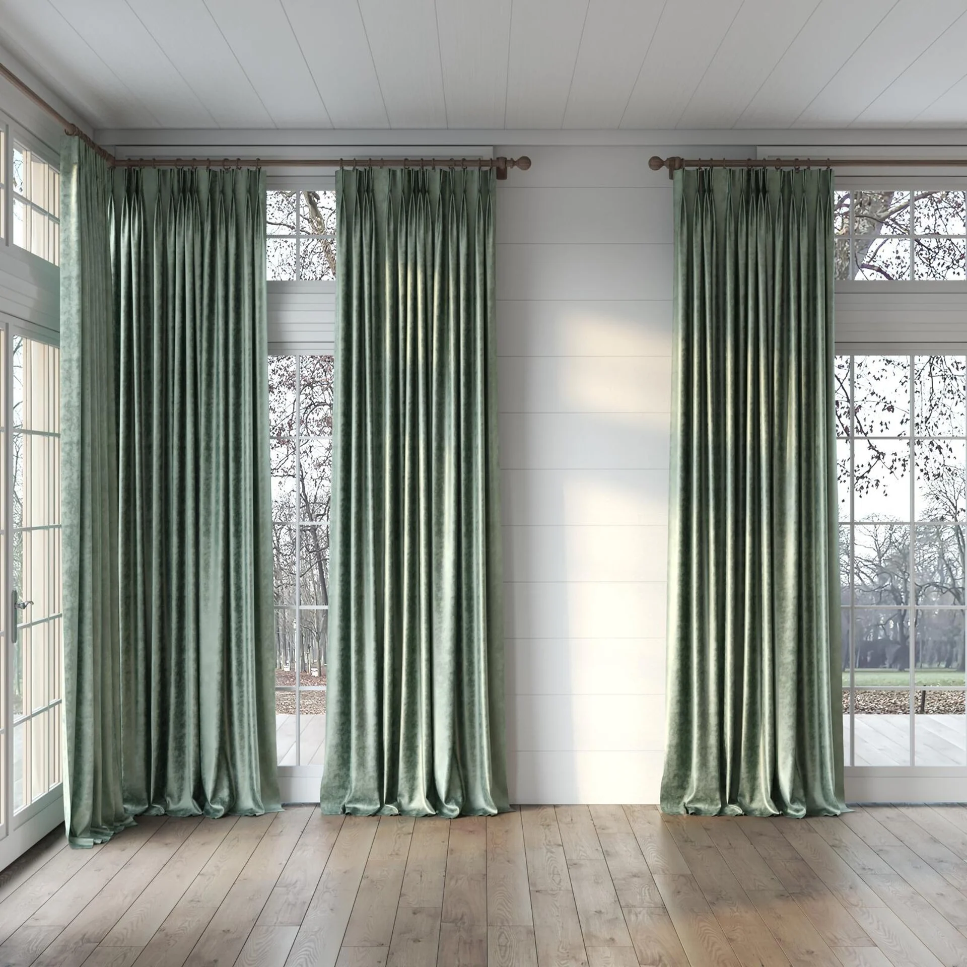 Full view of Fizz Laurel, puddled, on curtain rod