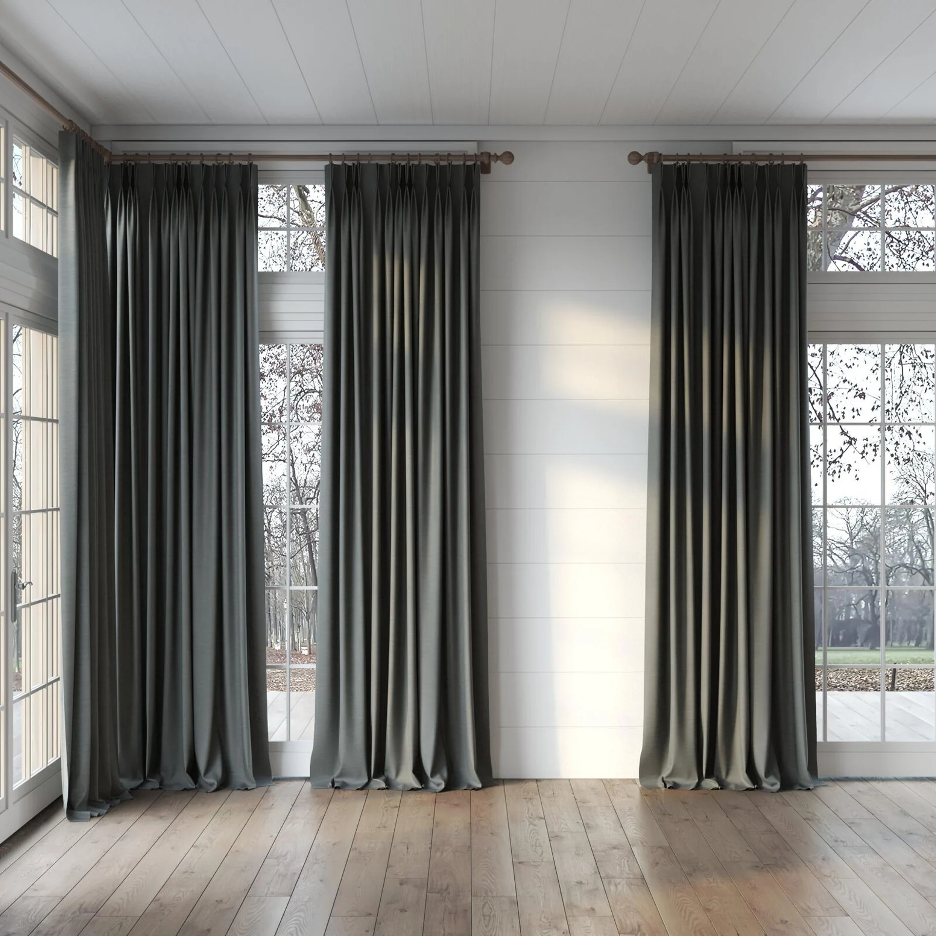 Full view of Borneo Uncoated Charcoal, puddled, on curtain rod