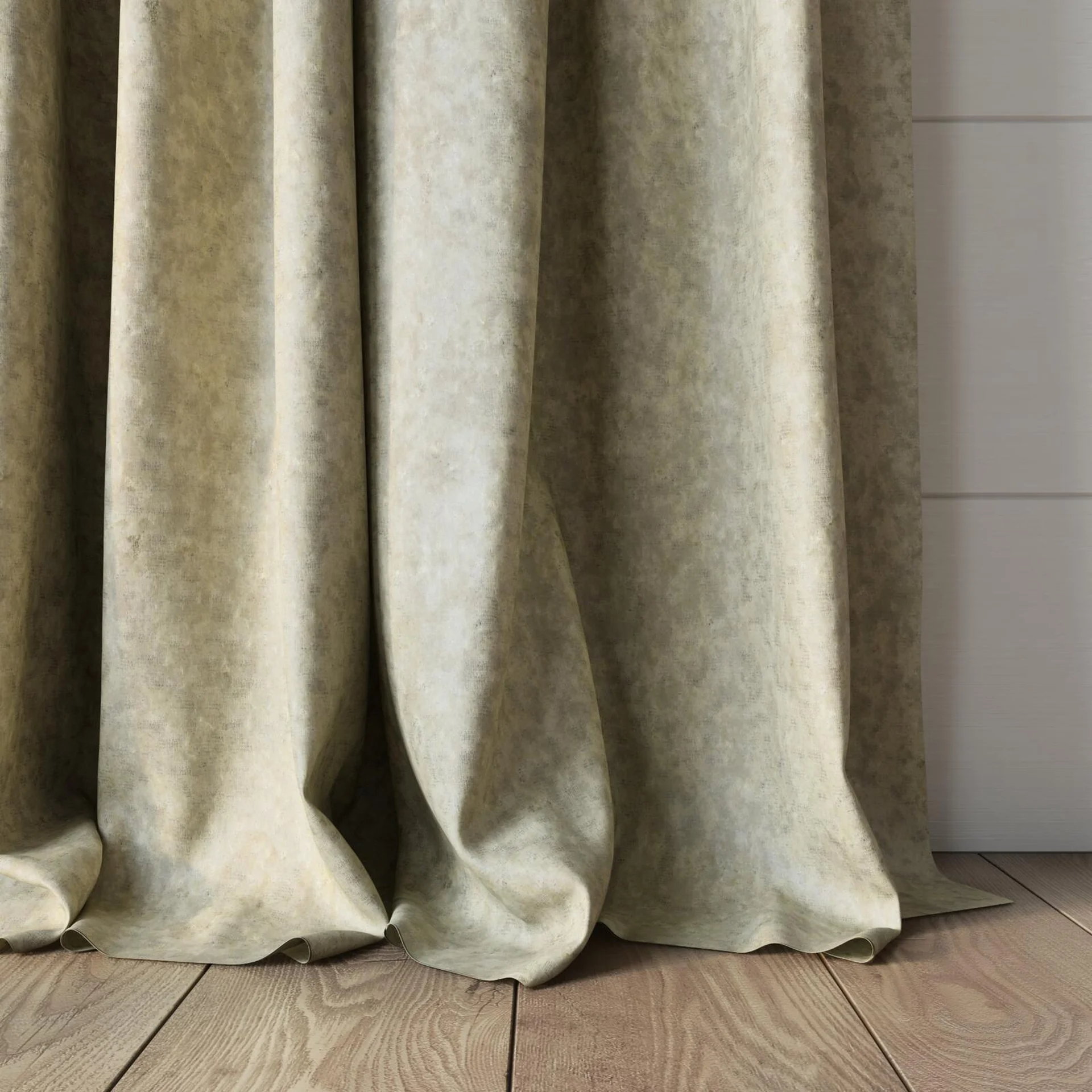 Bottom view of Opera Dune, puddled, on curtain rod